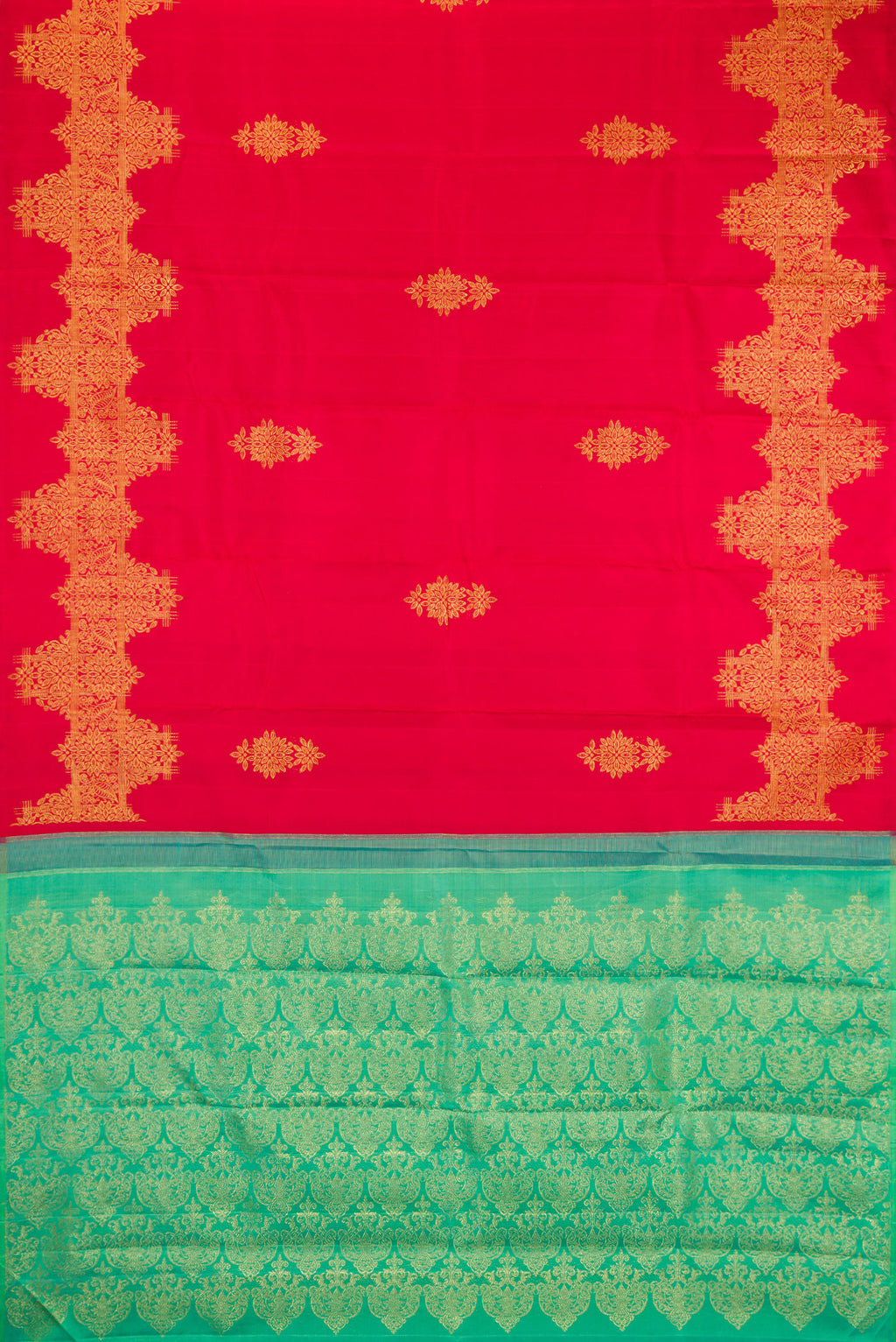 Flat view of Red Kanjivaram Silk Saree with Zari Butta on the body and Fancy Border. 