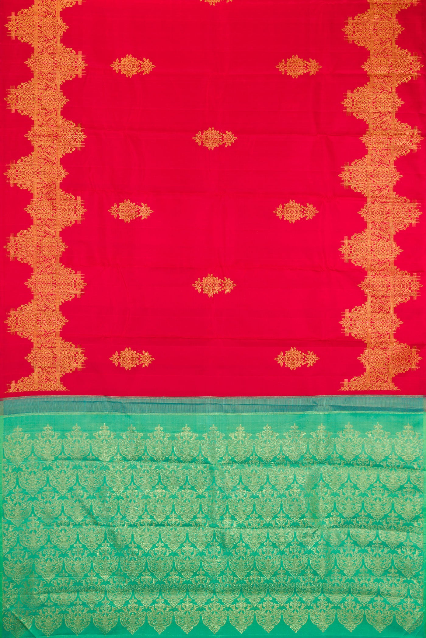 Flat view of Red Kanjivaram Silk Saree with Zari Butta on the body and Fancy Border. 