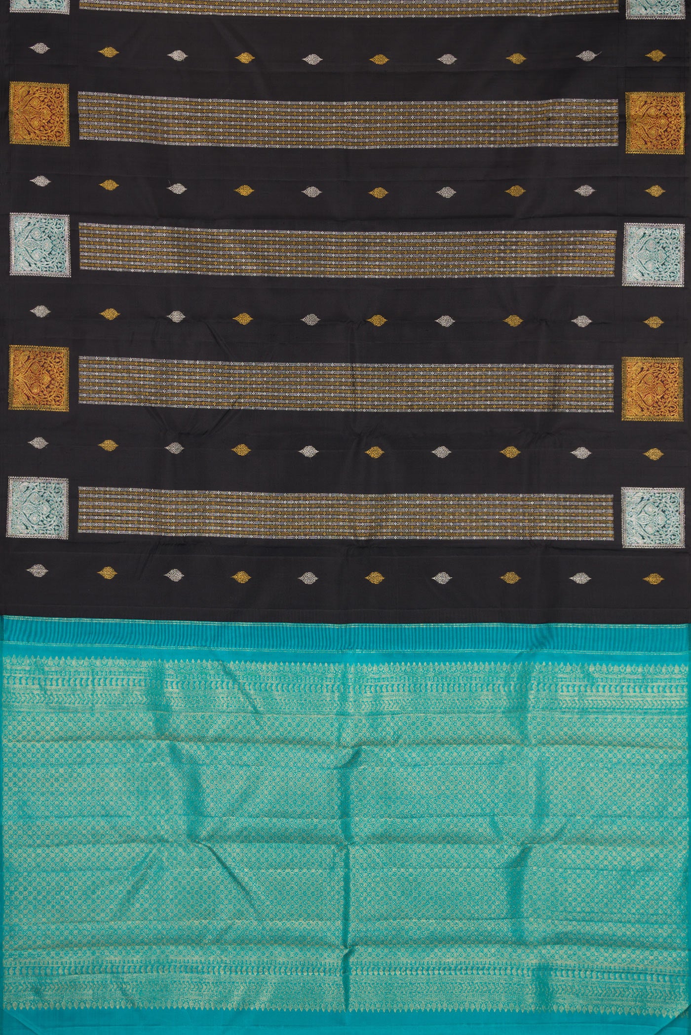 Flat view of Black Kanjivaram Silk Saree with Zari Butta on the body and Without Border. 