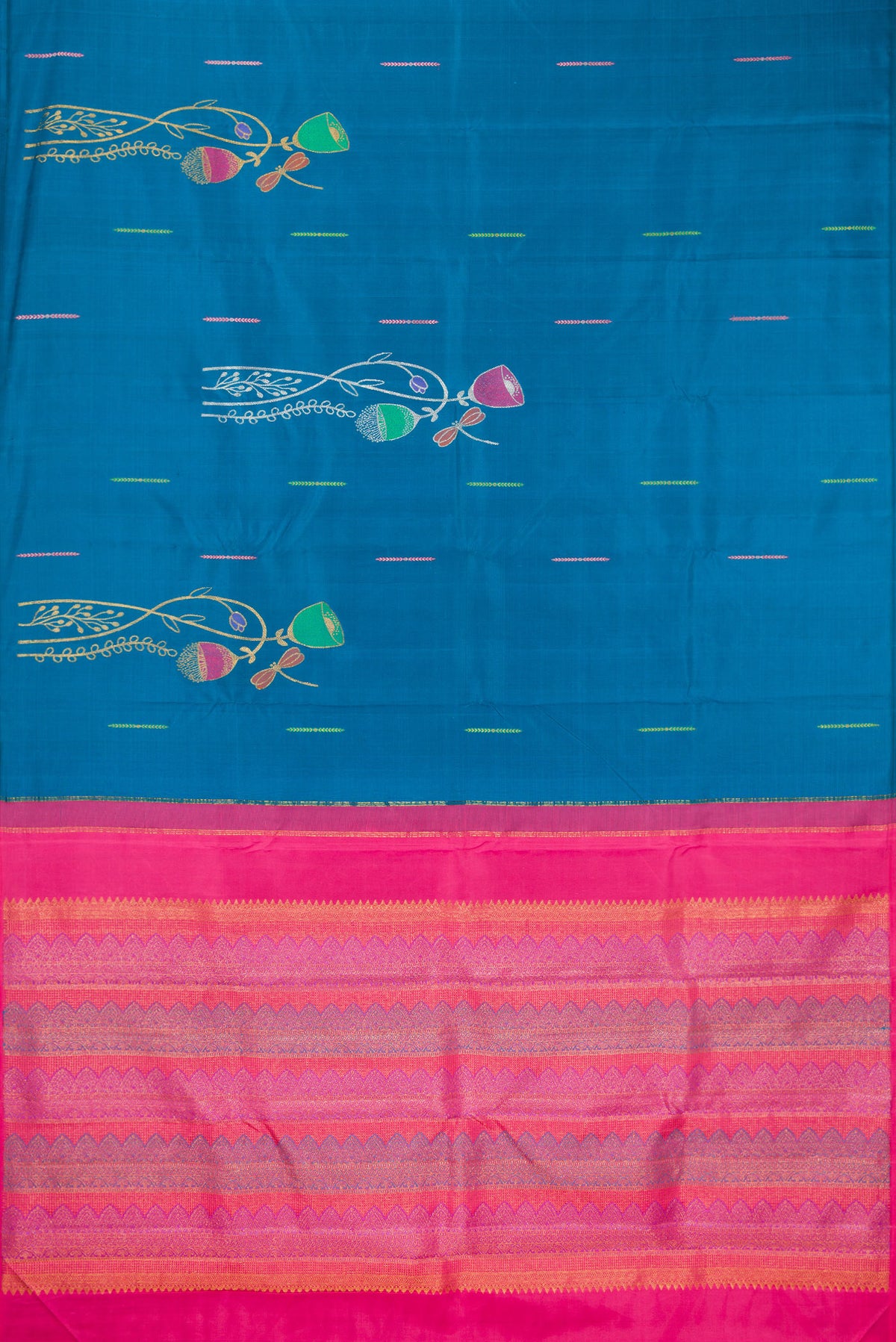 Flat view of Pure Silk Peacock Blue Kanjivaram Saree with Zari Butta on the body and Without Border. 