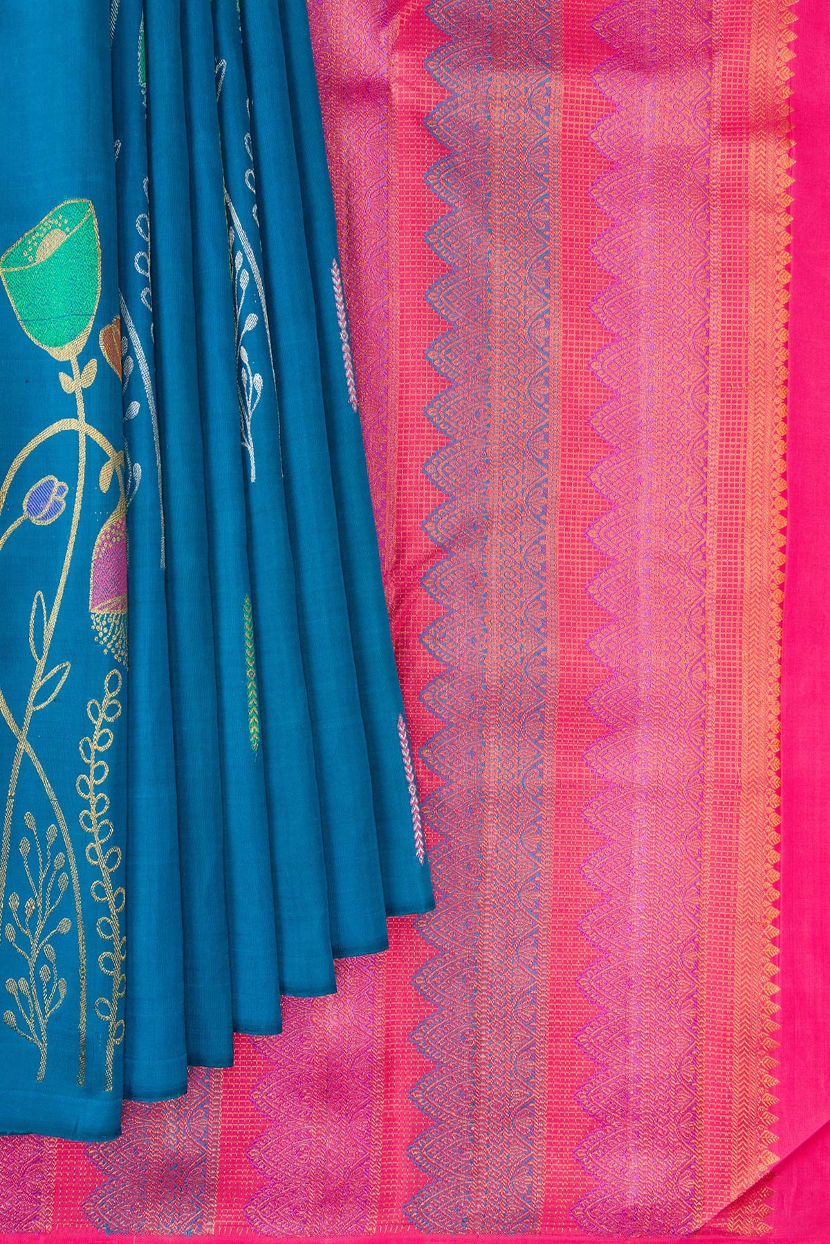 Pleats and pallu of Pure Silk Peacock Blue Kanjivaram Saree with Zari Butta on the body and Without Border. 