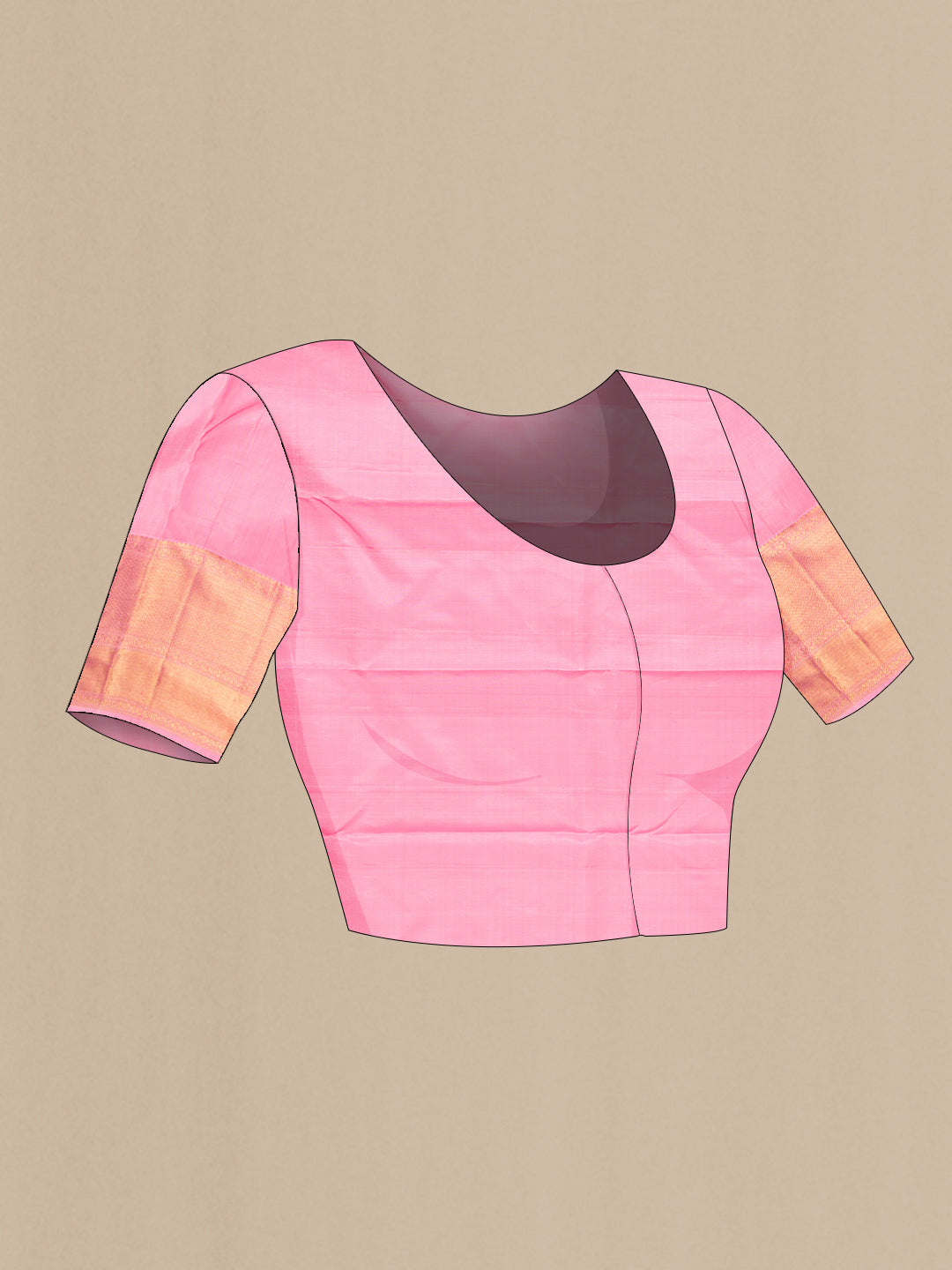 Close up image of the blouse of Pink Kanjivaram Silk Saree with Zari Butta on the body and Zari Border. 