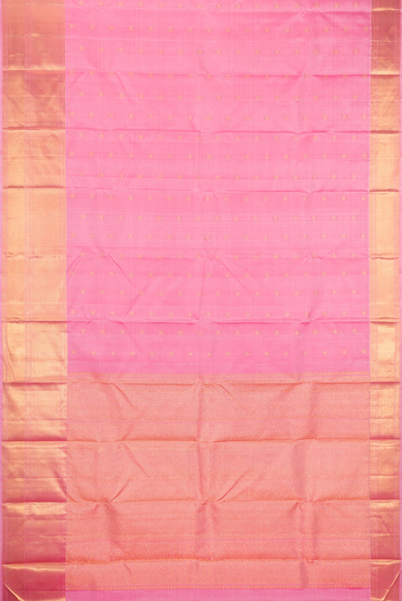 Flat view of Pink Kanjivaram Silk Saree with Zari Butta on the body and Zari Border. 
