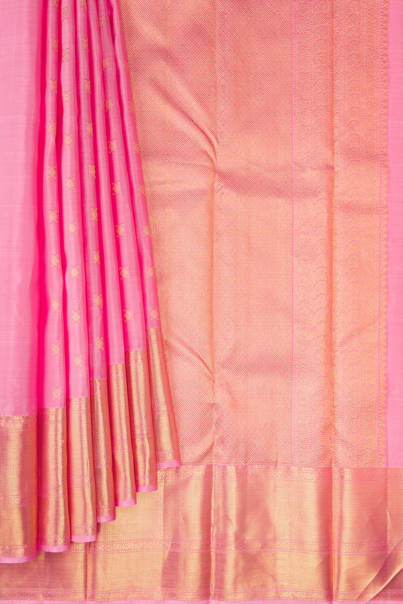 Pleats and pallu of Pink Kanjivaram Silk Saree with Zari Butta on the body and Zari Border. 