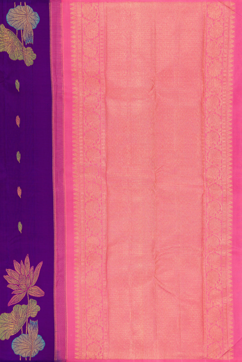 Close up image of the pallu of Violet Kanjivaram Silk Saree with Zari And Thread Butta on the body and Without Border. 