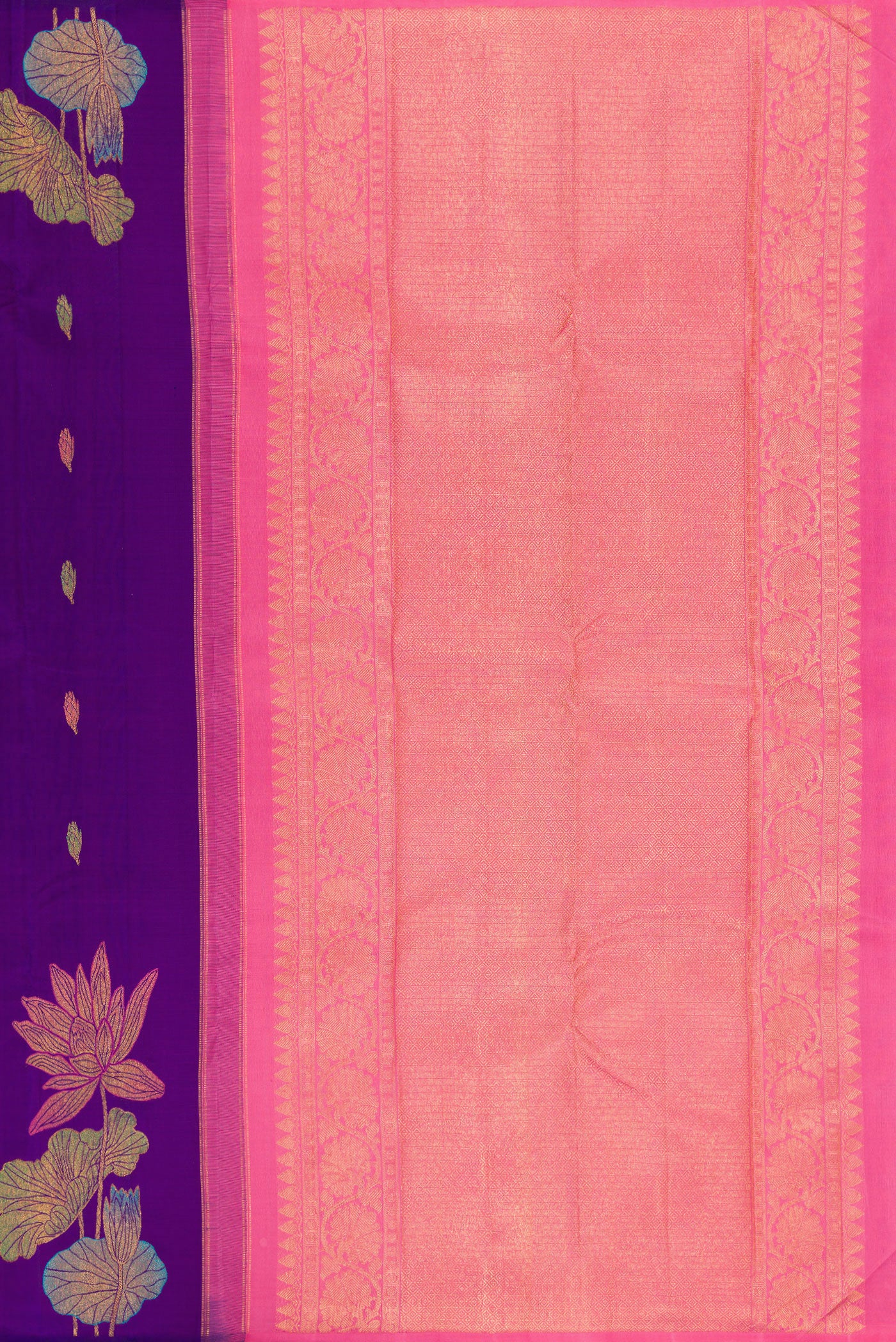Close up image of the pallu of Violet Kanjivaram Silk Saree with Zari And Thread Butta on the body and Without Border. 