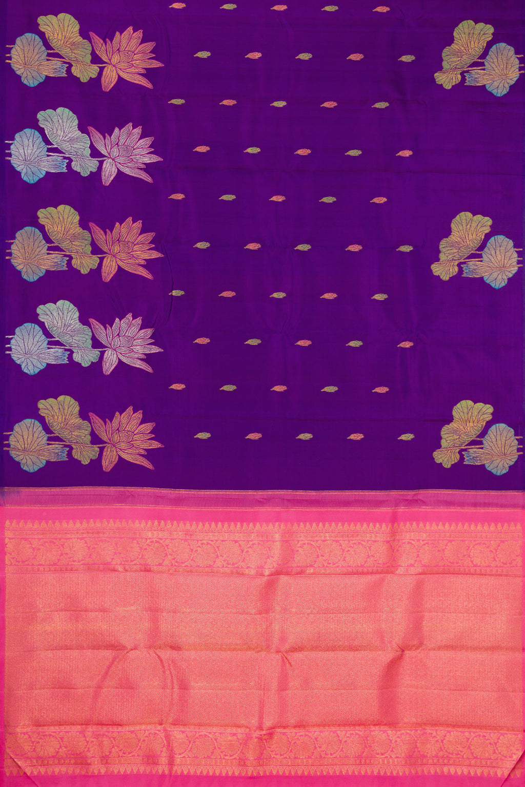 Flat view of Violet Kanjivaram Silk Saree with Zari And Thread Butta on the body and Without Border. 