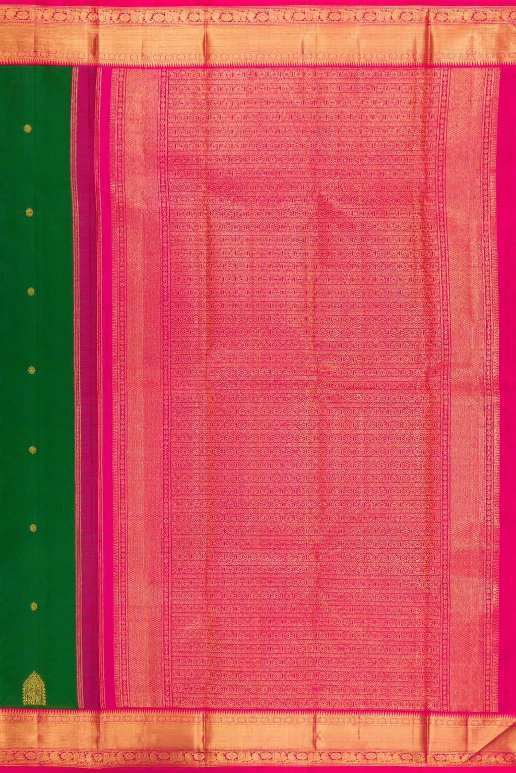 Close up image of the pallu of Green Kanjivaram Silk Saree with Zari Butta on the body and Zari Border. 