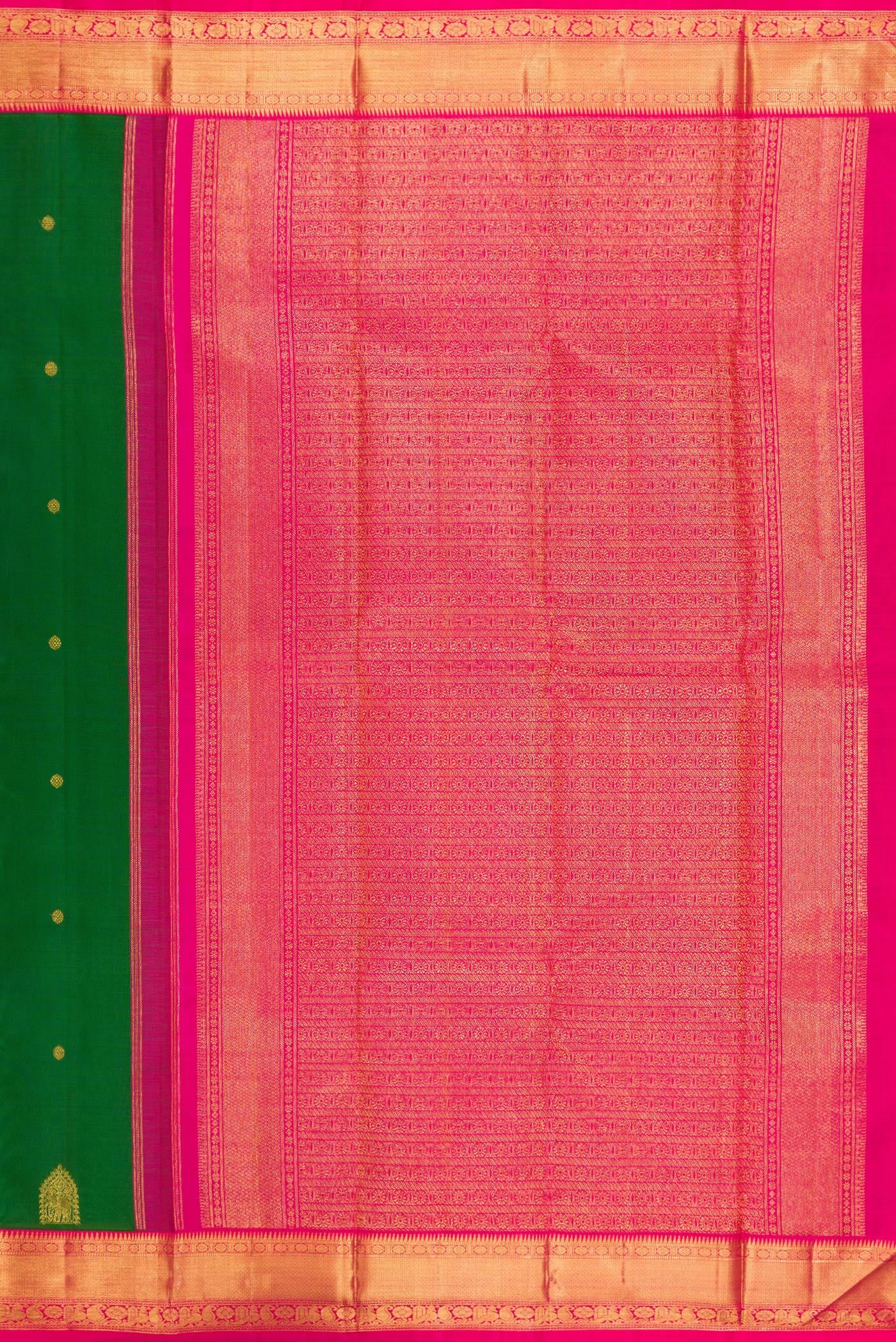 Close up image of the pallu of Green Kanjivaram Silk Saree with Zari Butta on the body and Zari Border. 