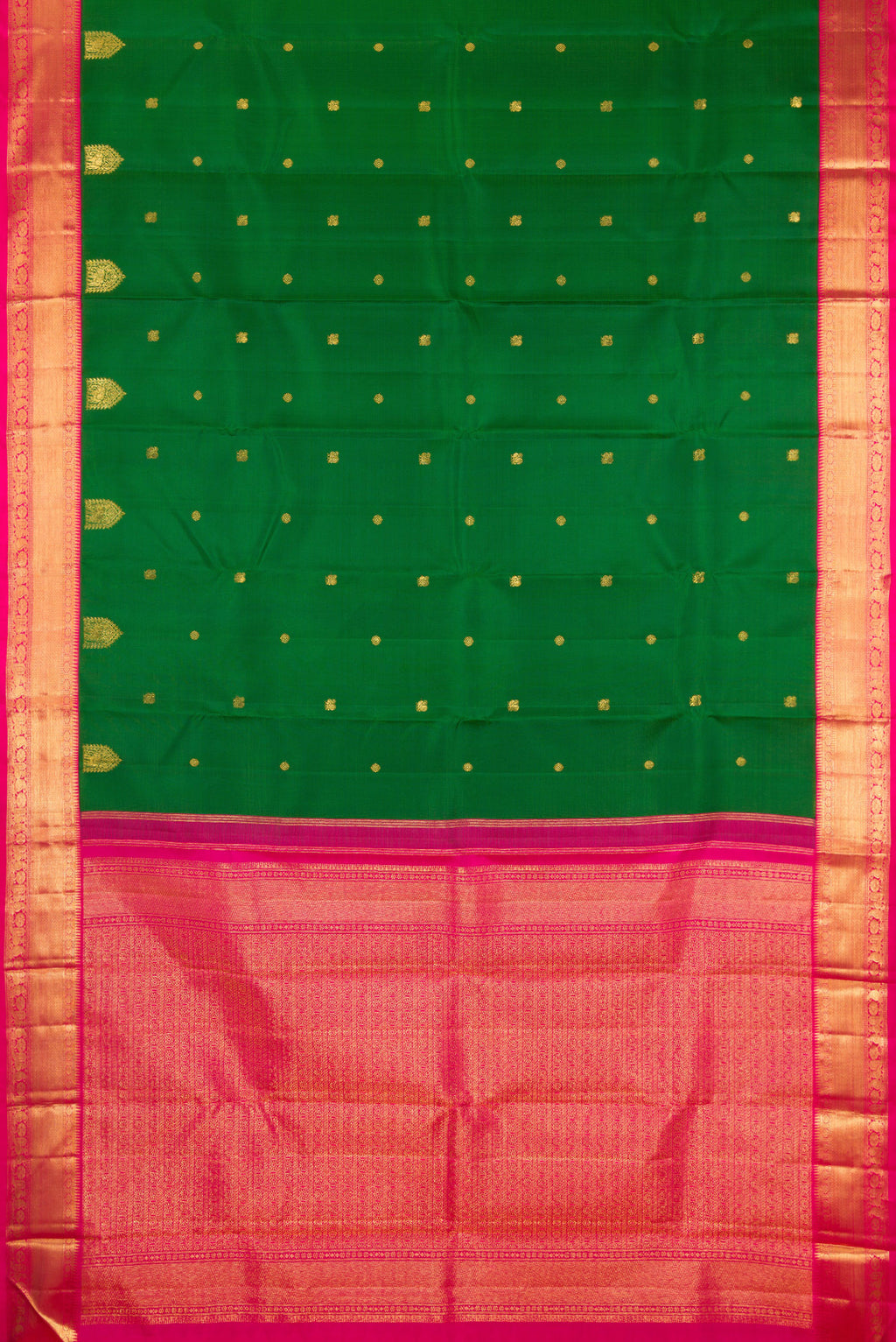 Flat view of Green Kanjivaram Silk Saree with Zari Butta on the body and Zari Border. 