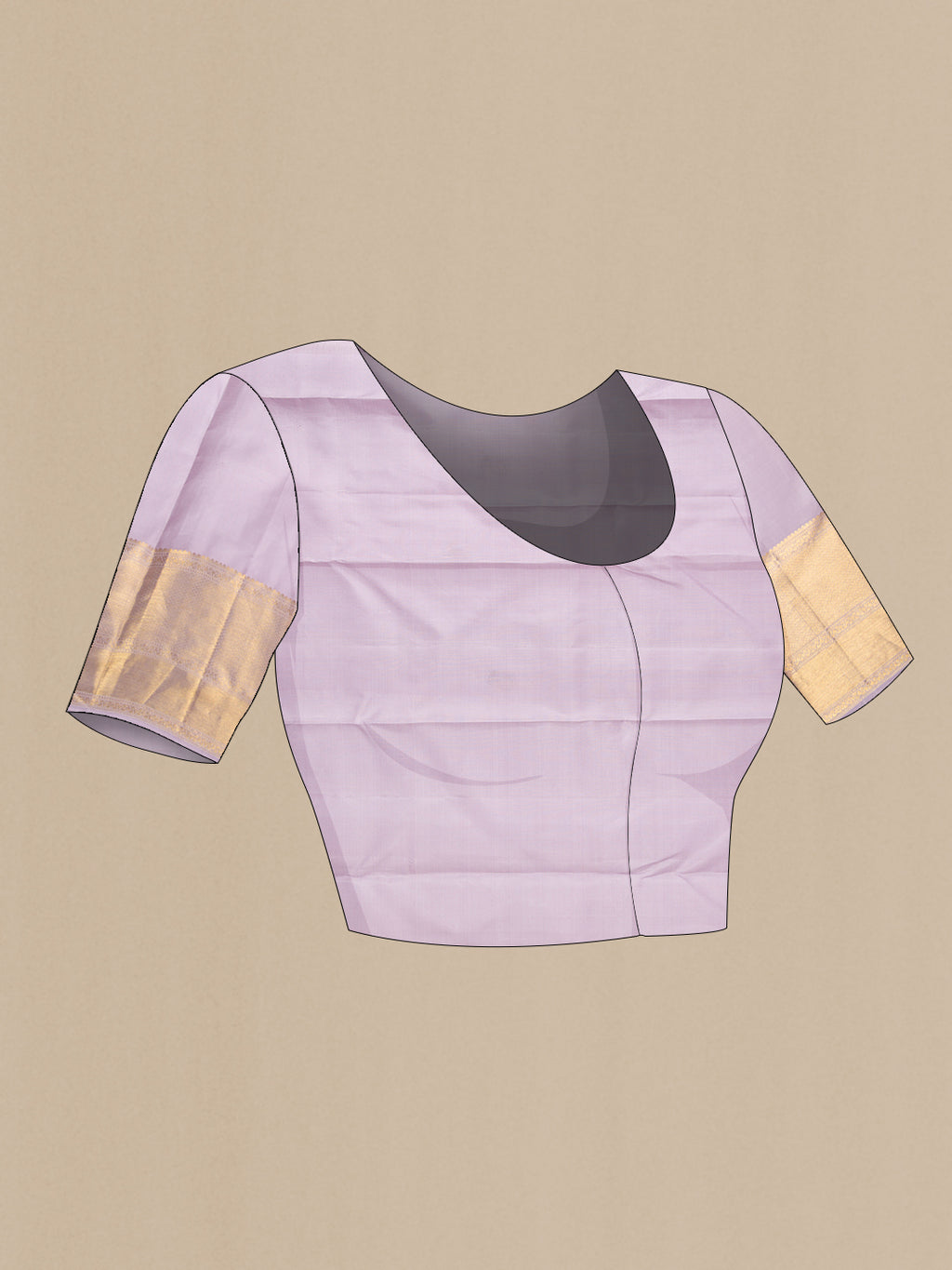 Close up image of the blouse of Pure Silk Lavender Kanjivaram Saree with Zari Brocade on the body and Zari Border. 