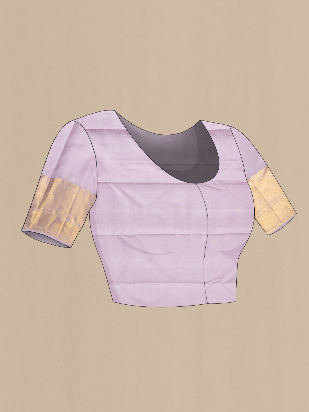 Close up image of the blouse of Pure Silk Lavender Kanjivaram Saree with Zari Brocade on the body and Zari Border. 
