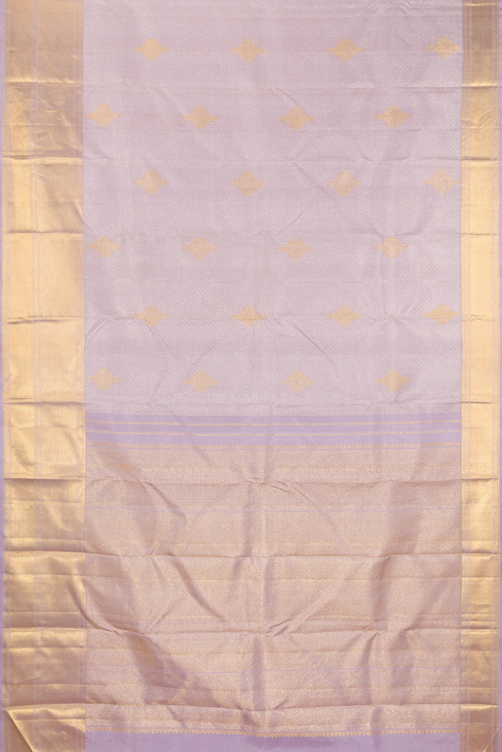 Flat view of Pure Silk Lavender Kanjivaram Saree with Zari Brocade on the body and Zari Border. 