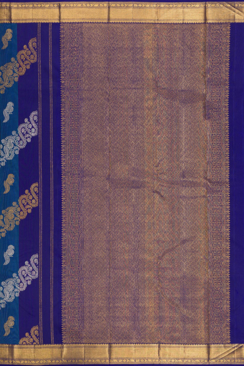 Close up image of the pallu of Multi Color Kanchipuram Silk Saree with Zari Brocade on the body and Zari Border. 