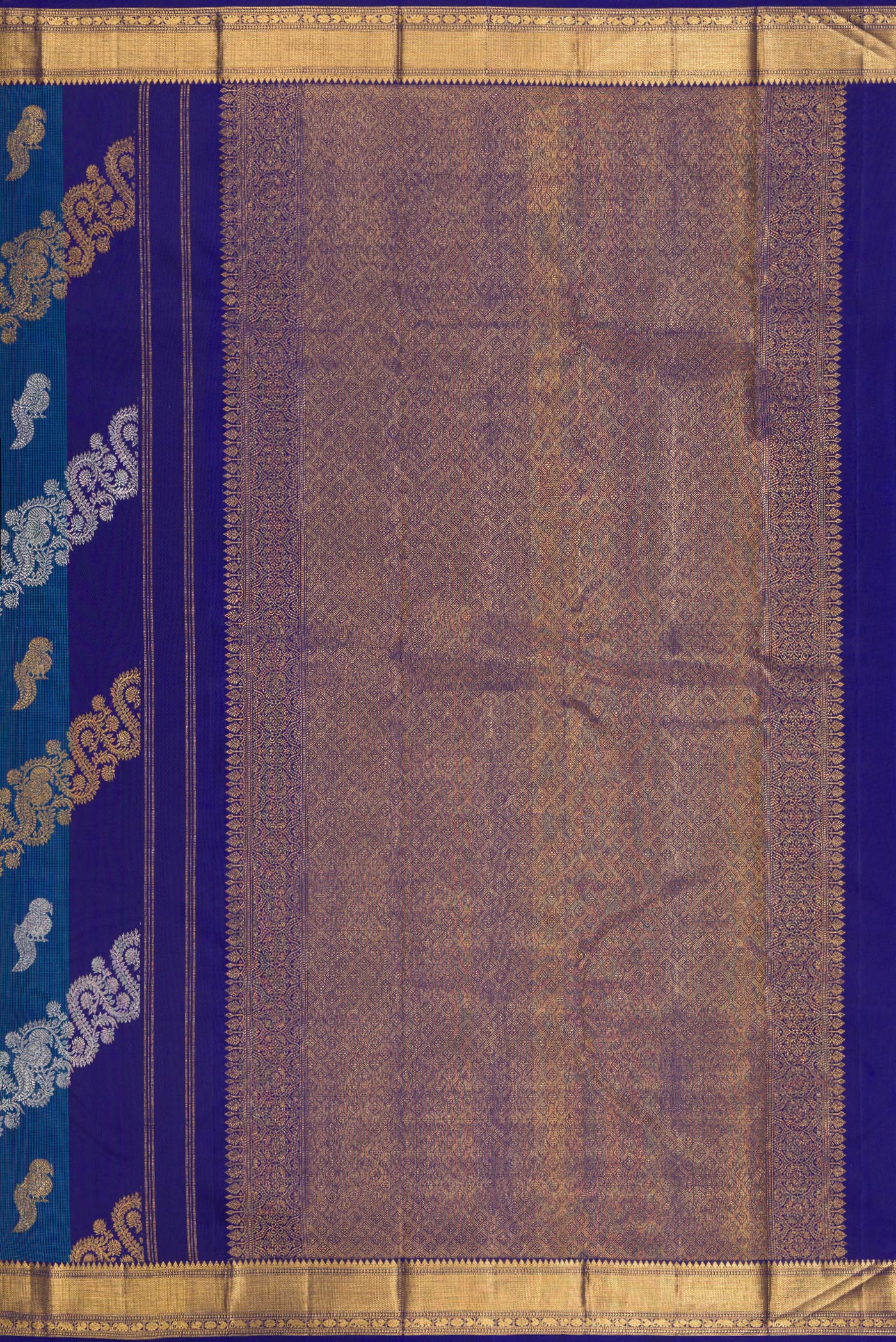 Close up image of the pallu of Multi Color Kanchipuram Silk Saree with Zari Brocade on the body and Zari Border. 
