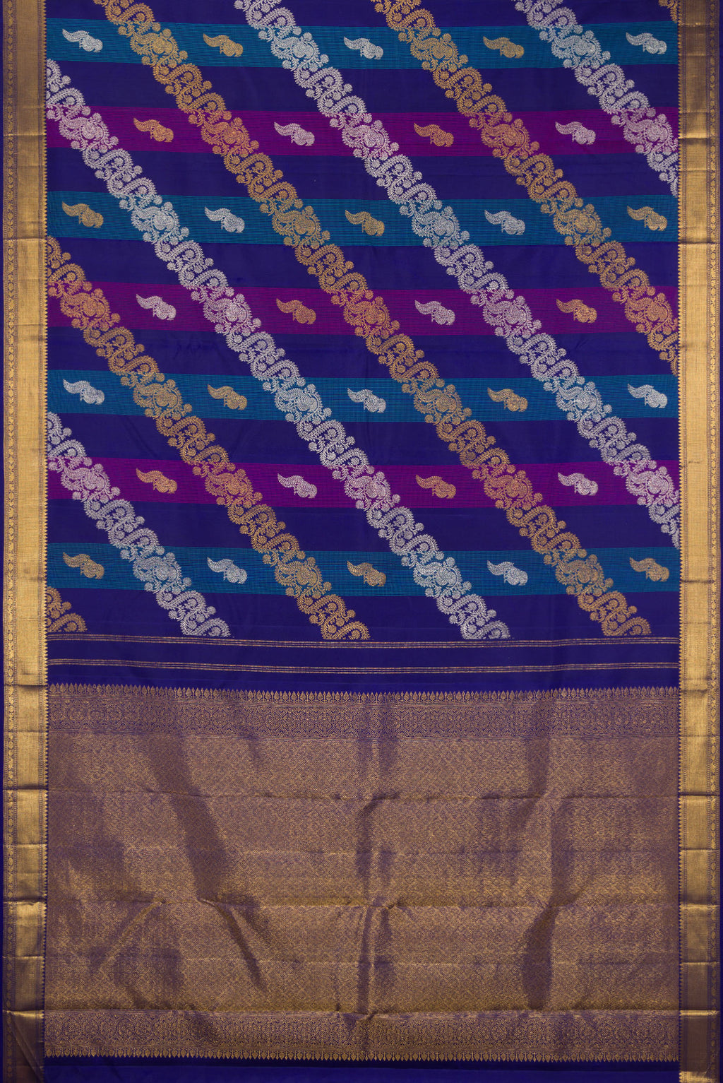 Flat view of Multi Color Kanchipuram Silk Saree with Zari Brocade on the body and Zari Border. 