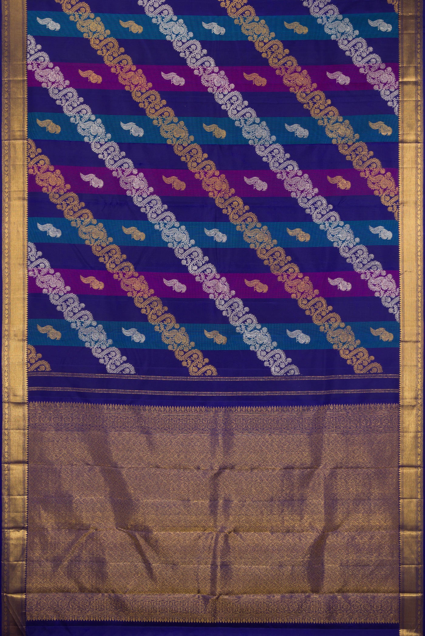 Flat view of Multi Color Kanchipuram Silk Saree with Zari Brocade on the body and Zari Border. 