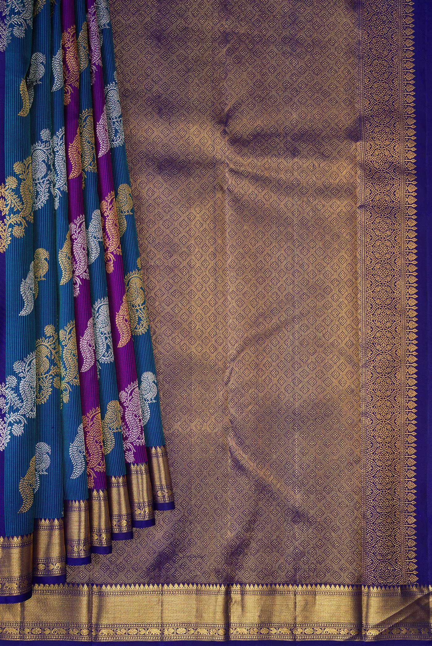 Pleats and pallu of Multi Color Kanchipuram Silk Saree with Zari Brocade on the body and Zari Border. 