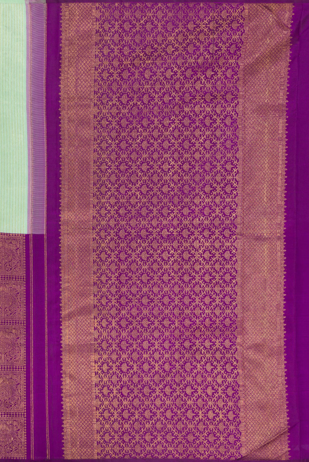 Close up image of the pallu of Pure Silk Multi Color Kanjivaram Saree with Half And Half on the body and Without Border. 