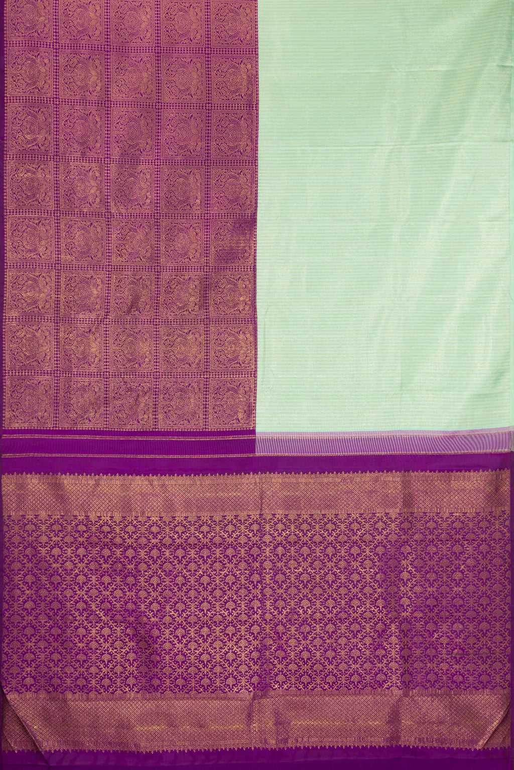 Flat view of Pure Silk Multi Color Kanjivaram Saree with Half And Half on the body and Without Border. 