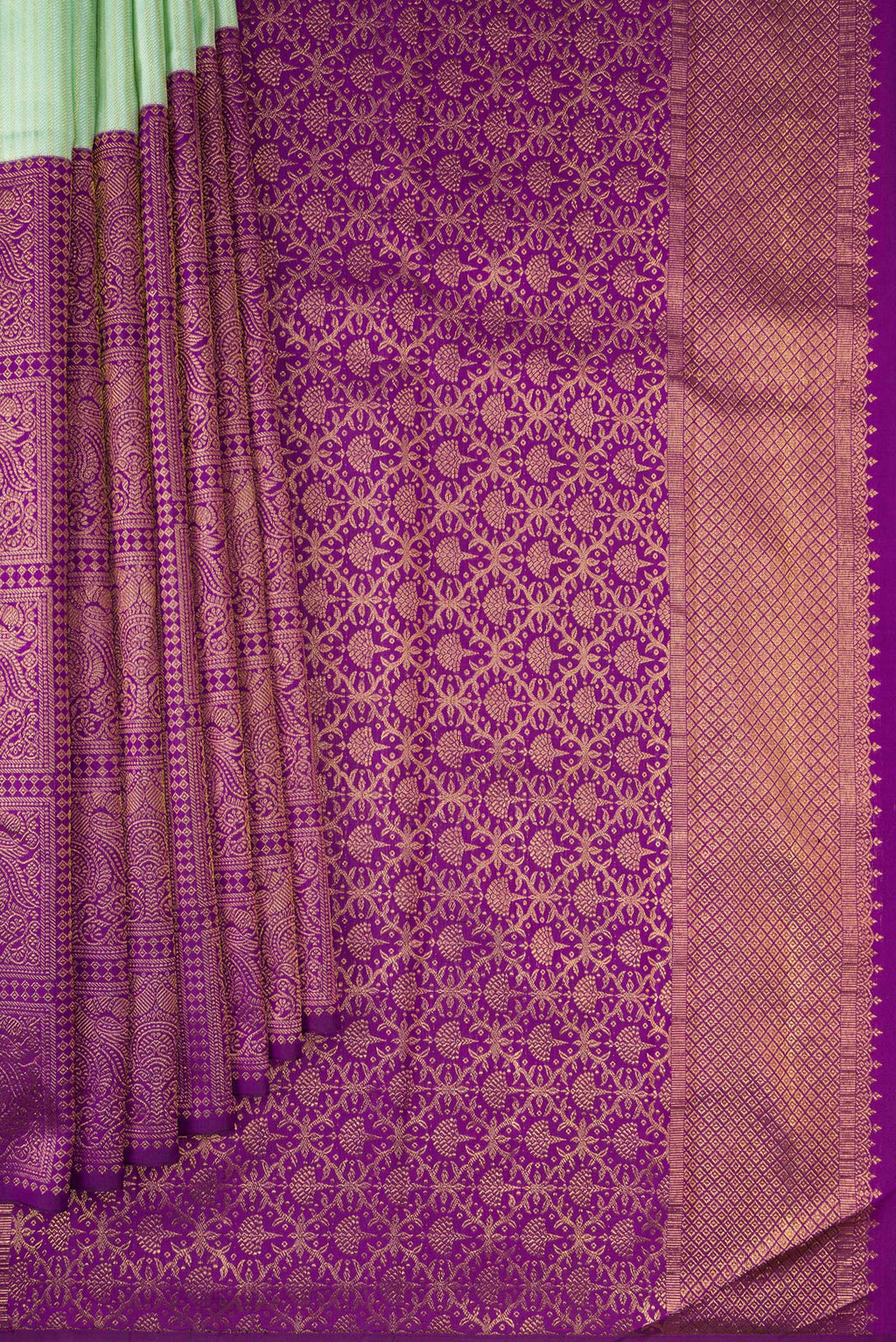 Pleats and pallu of Pure Silk Multi Color Kanjivaram Saree with Half And Half on the body and Without Border. 