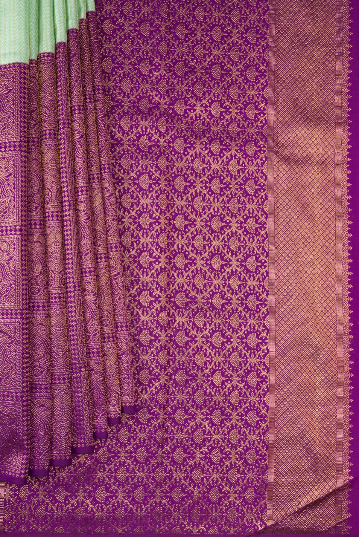 Pleats and pallu of Pure Silk Multi Color Kanjivaram Saree with Half And Half on the body and Without Border. 