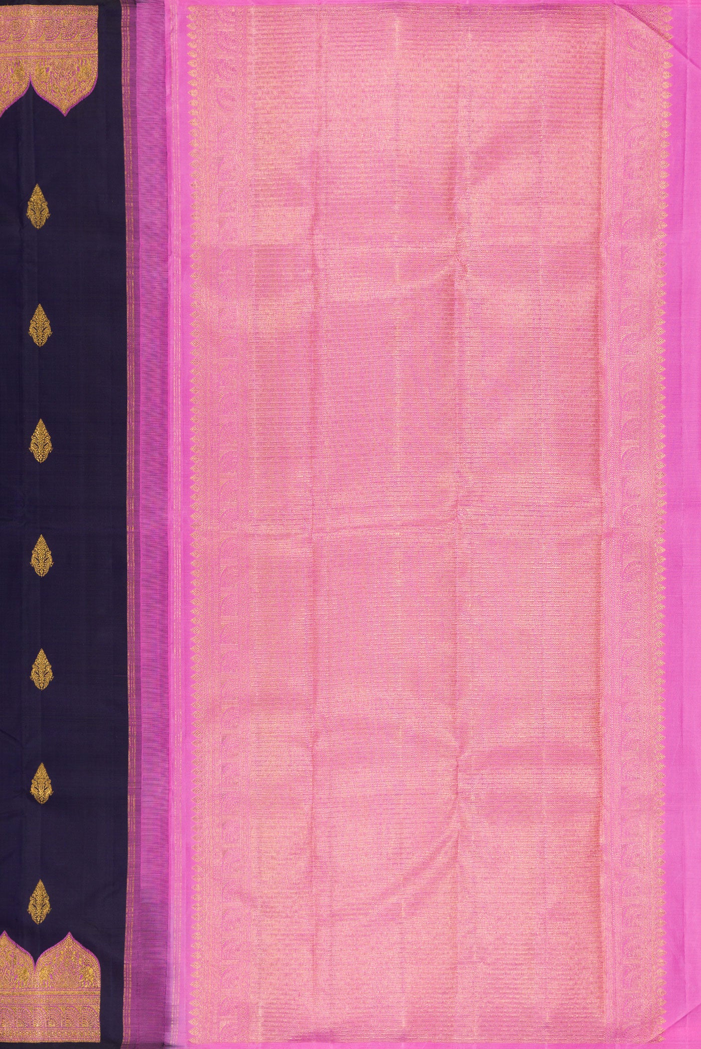 Close up image of the pallu of Navy Blue Kanjivaram Silk Saree with Zari Butta on the body and Fancy Border. 