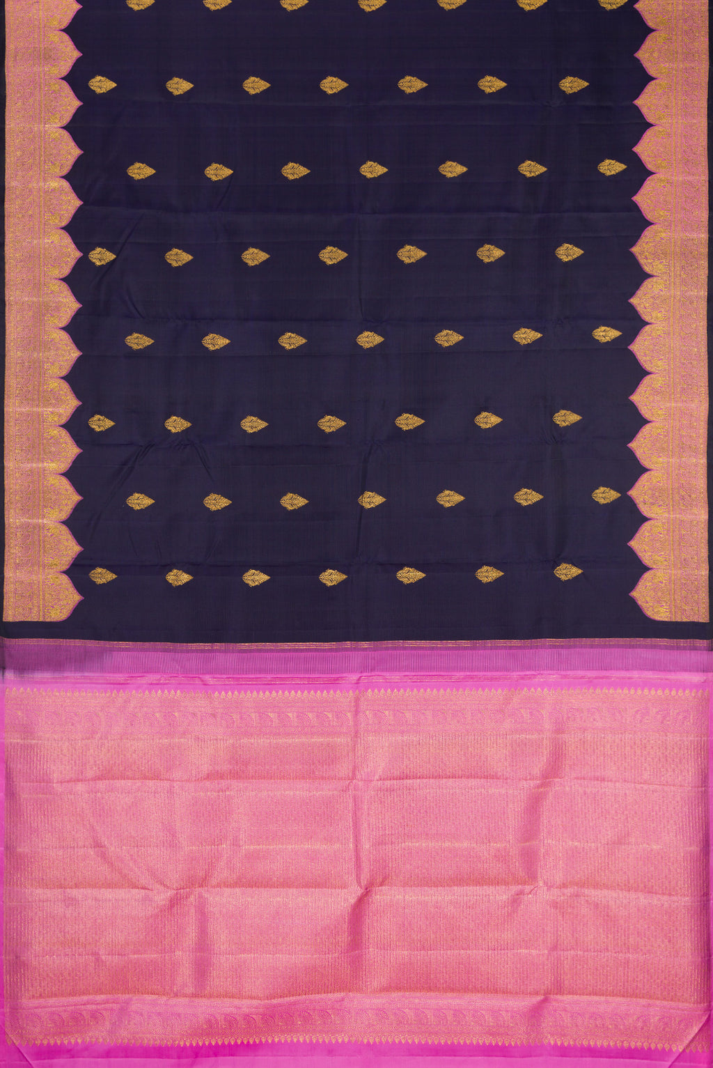 Flat view of Navy Blue Kanjivaram Silk Saree with Zari Butta on the body and Fancy Border. 