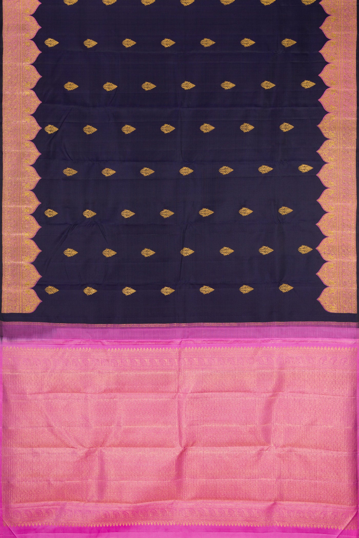 Flat view of Navy Blue Kanjivaram Silk Saree with Zari Butta on the body and Fancy Border. 
