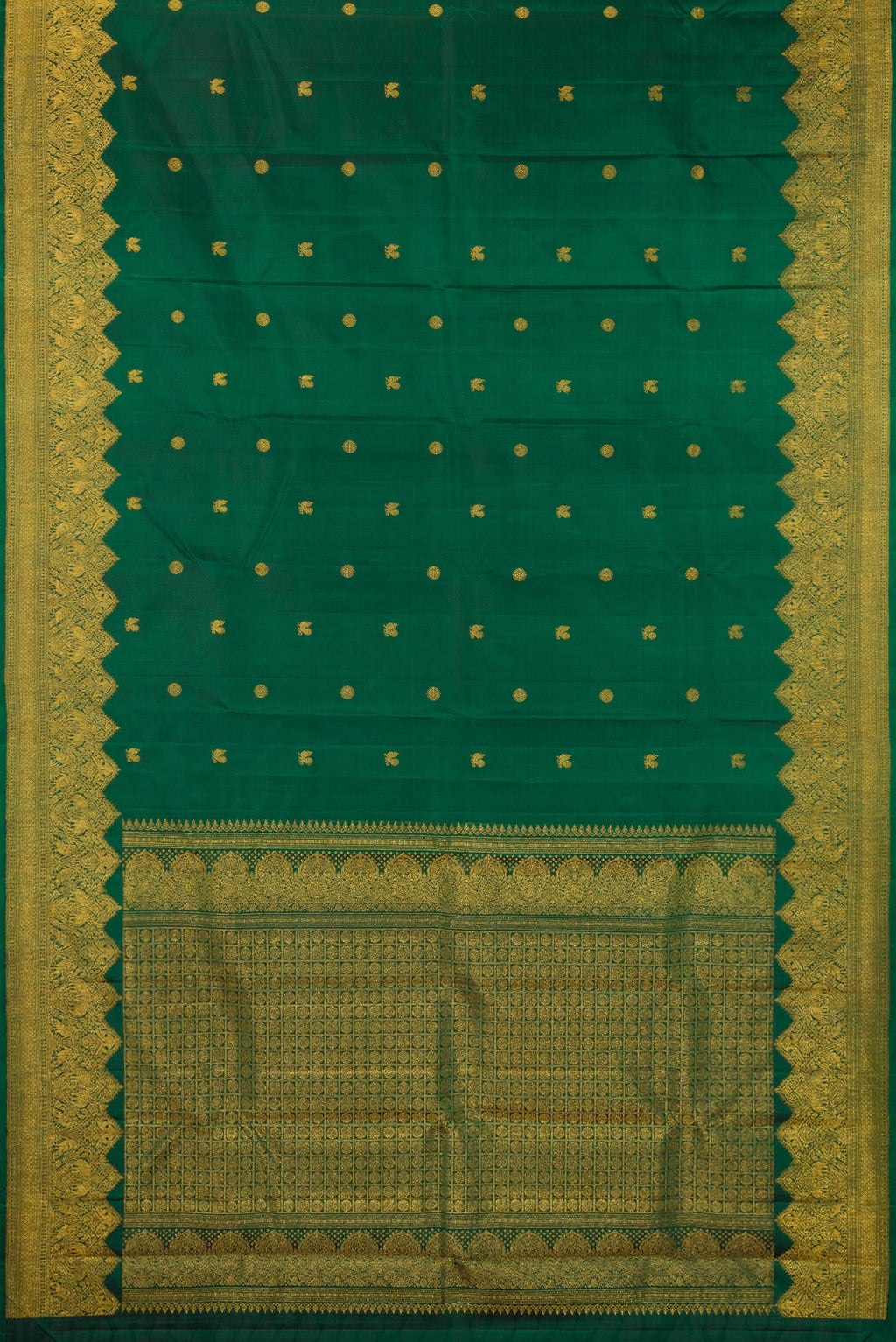 Flat view of Pure Silk Bottle Green Dual Tone Kanjivaram Saree with Zari Butta on the body and Fancy Border. 