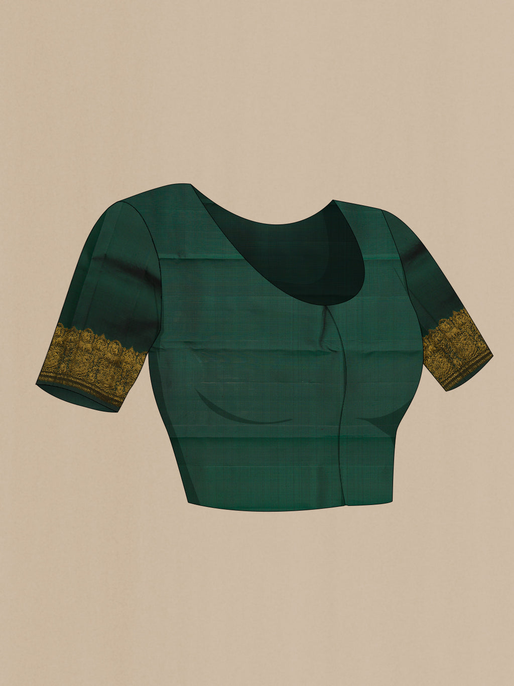 Close up image of the blouse of Bottle Green Kanjivaram Silk Saree with Zari Butta on the body and Fancy Border. 