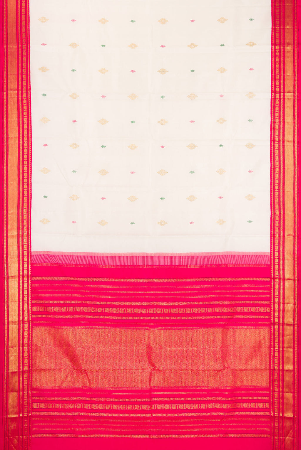 Flat view of White Kanjivaram Silk Saree with Zari And Thread Butta on the body and Zari Border. 