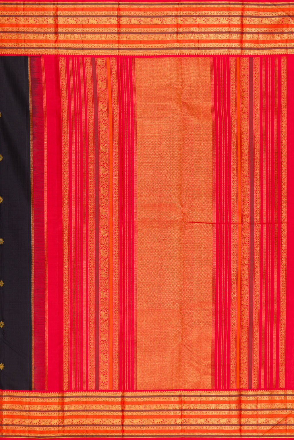 Close up image of the pallu of Black Kanjivaram Silk Saree with Zari Butta on the body and Zari Border. 