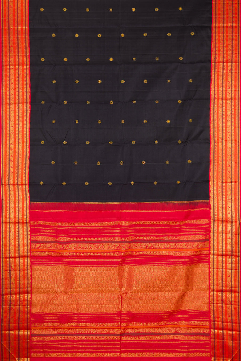 Flat view of Black Kanjivaram Silk Saree with Zari Butta on the body and Zari Border. 
