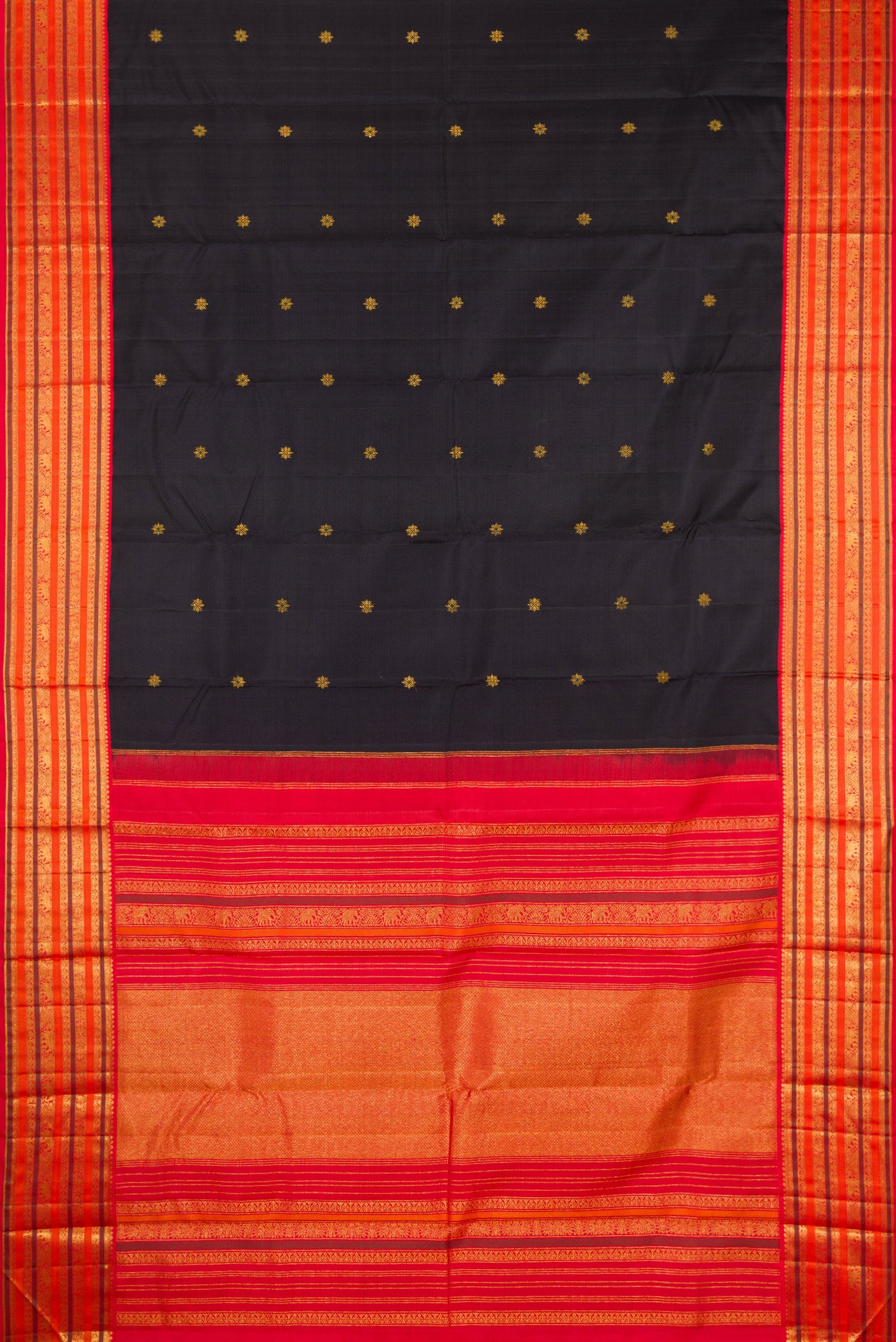 Flat view of Black Kanjivaram Silk Saree with Zari Butta on the body and Zari Border. 