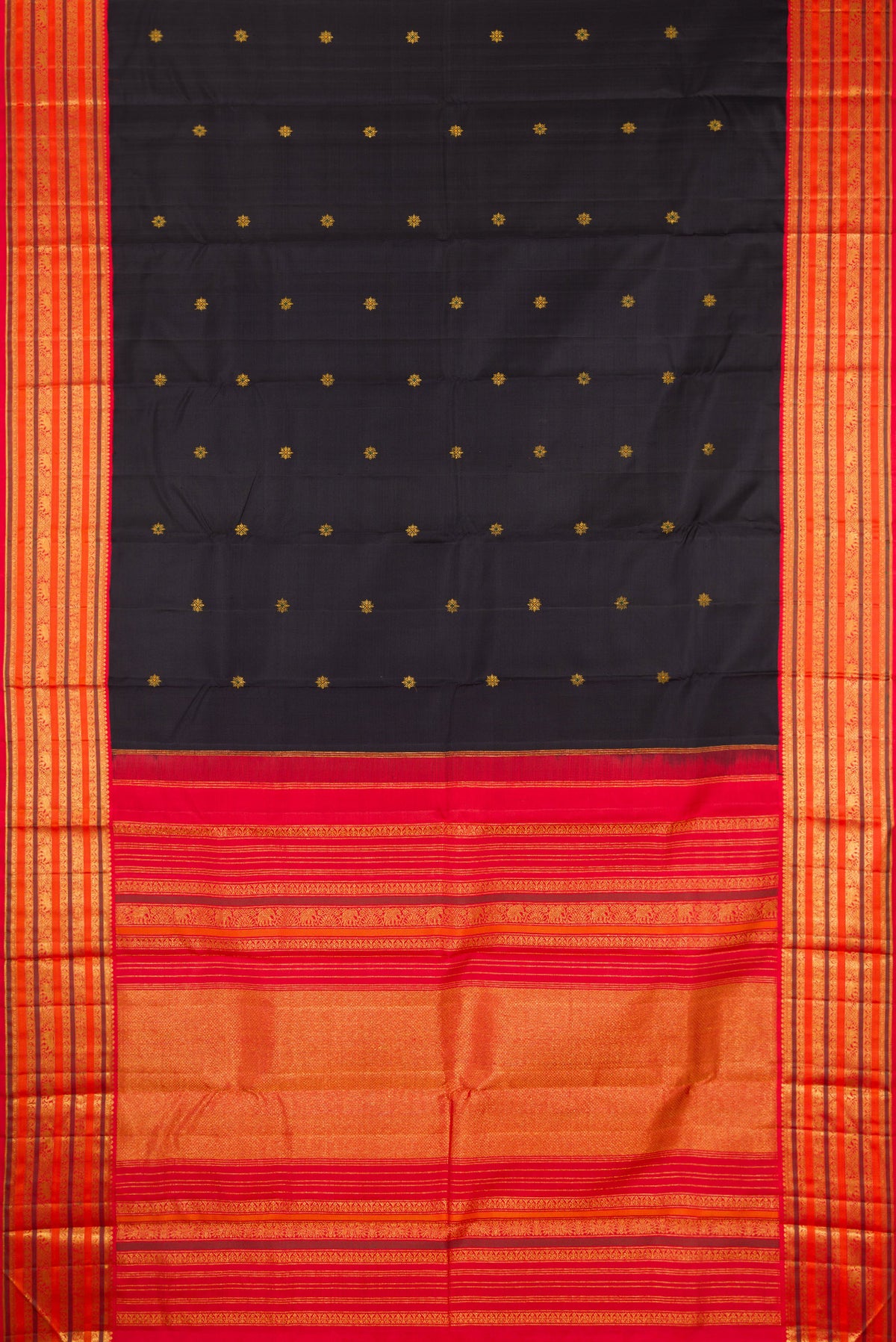 Flat view of Black Kanjivaram Silk Saree with Zari Butta on the body and Zari Border. 