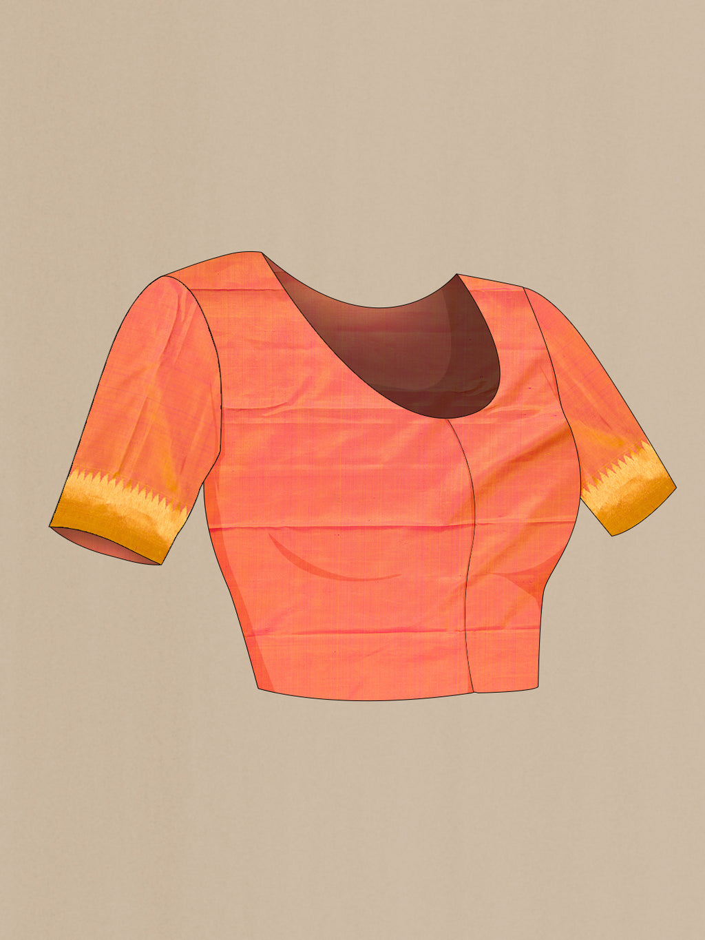 Close up image of the blouse of Yellow Kanjivaram Silk Saree with Plain Body and Rising Temple Border. 