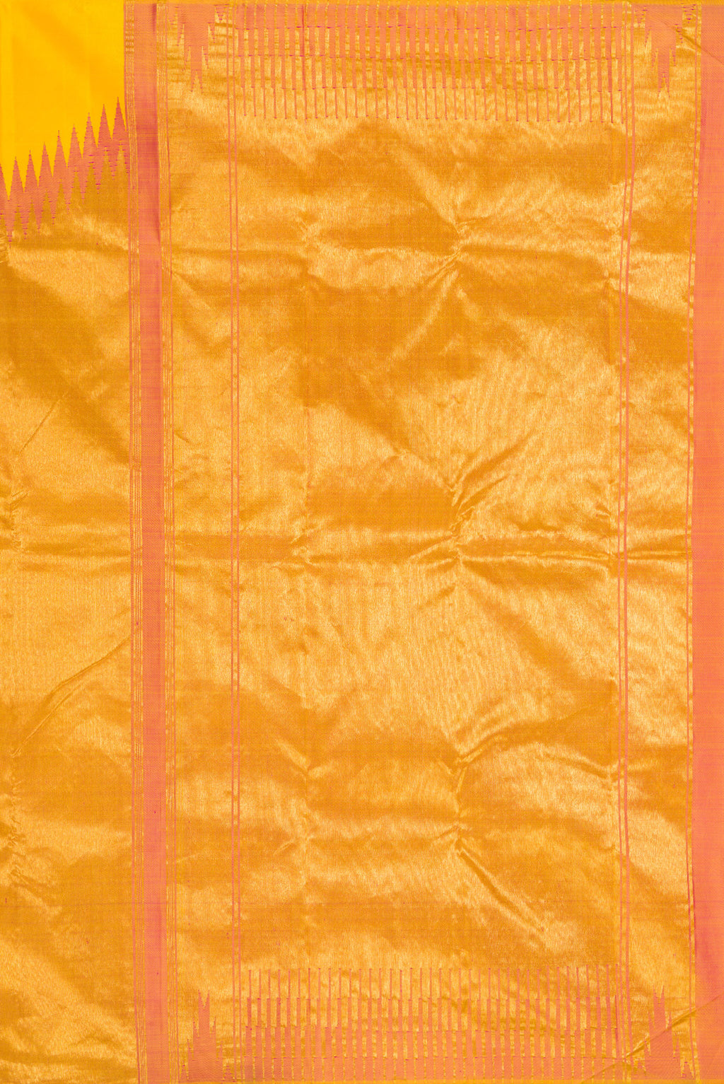 Close up image of the pallu of Yellow Kanjivaram Silk Saree with Plain Body and Rising Temple Border. 