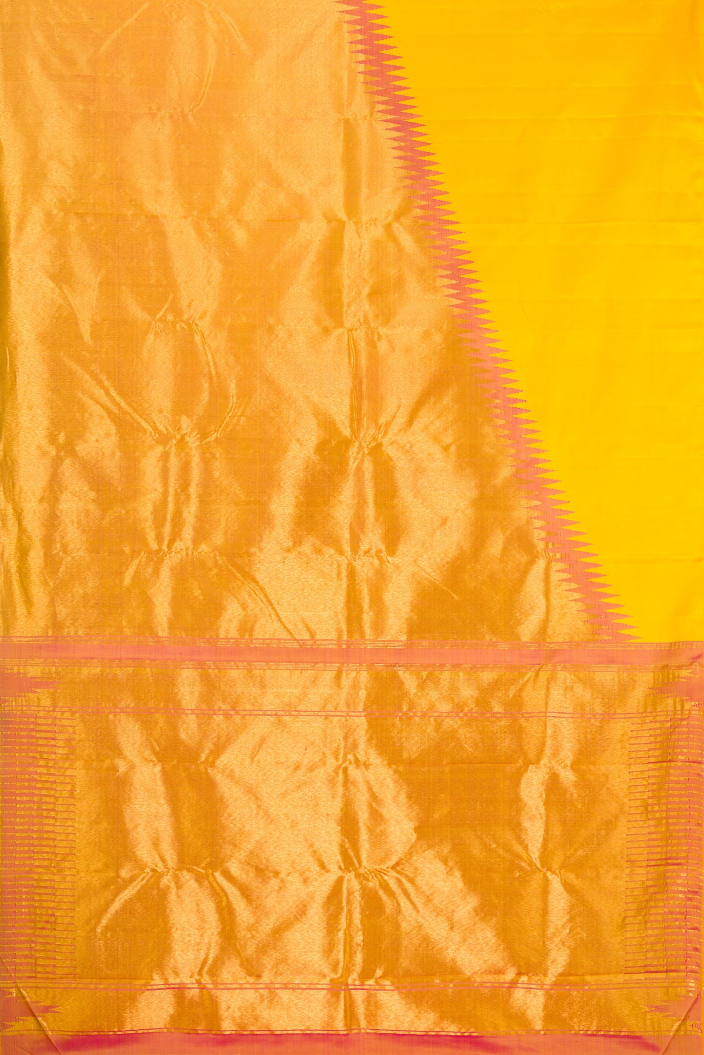 Flat view of Yellow Kanjivaram Silk Saree with Plain Body and Rising Temple Border. 
