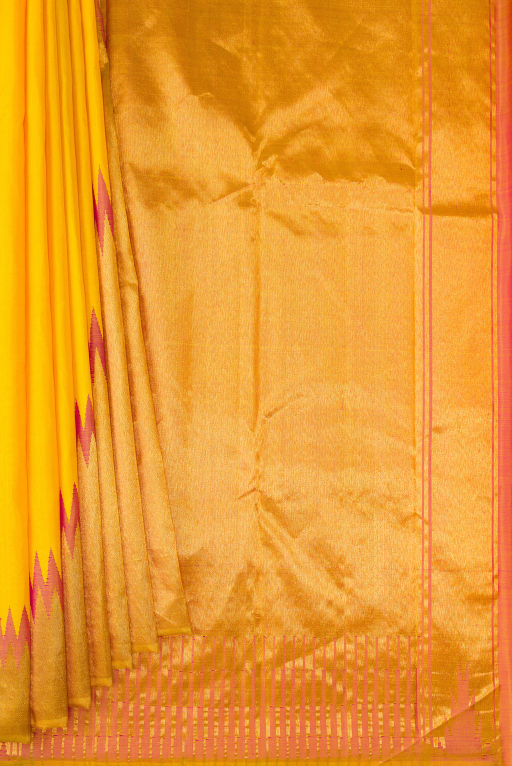 Pleats and pallu of Yellow Kanjivaram Silk Saree with Plain Body and Rising Temple Border. 