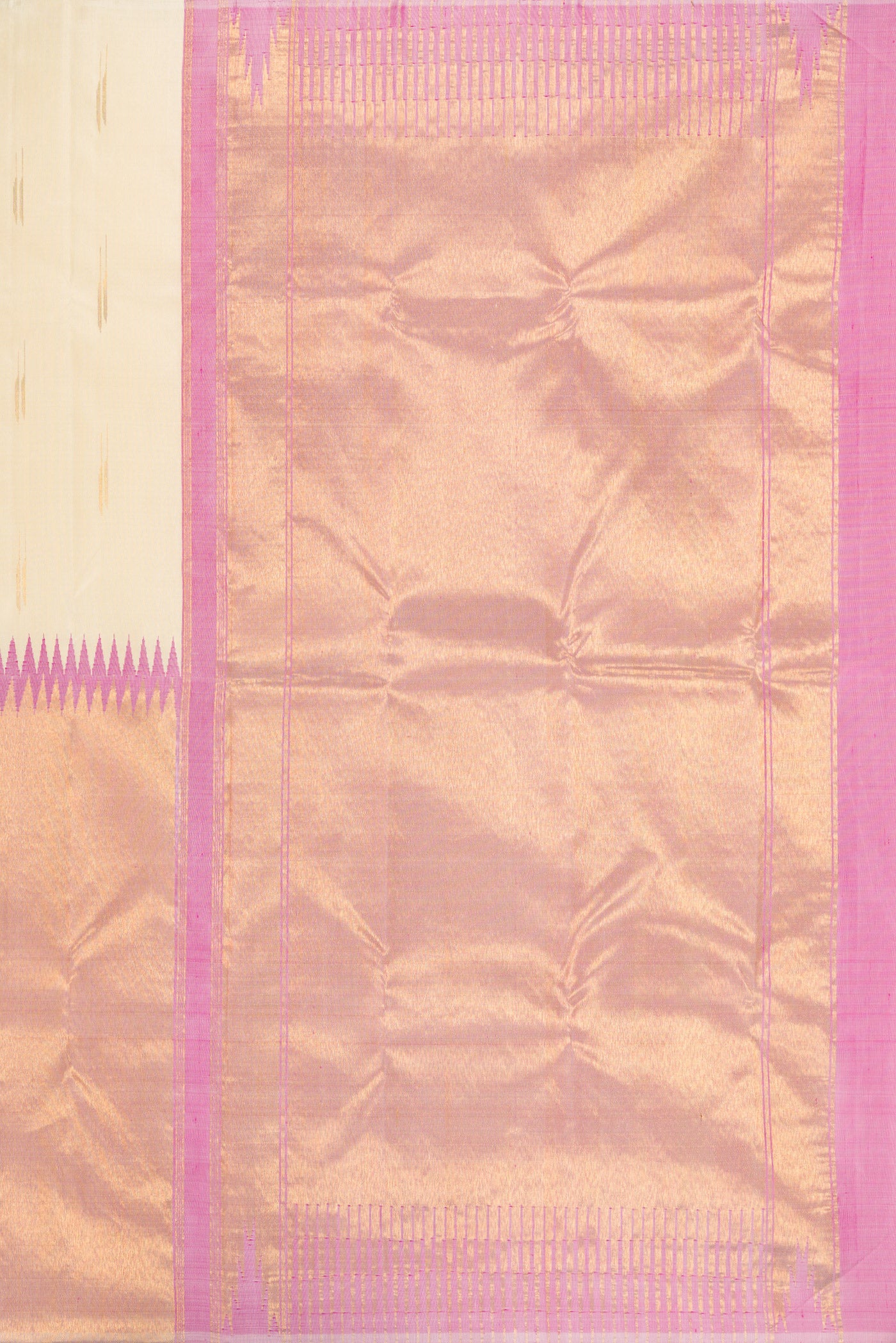 Close up image of the pallu of Off White Kanjivaram Silk Saree with Zari Butta on the body and Rising Temple Border. 