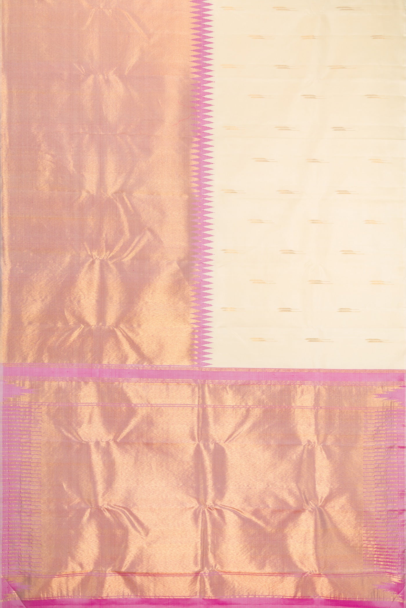 Flat view of Off White Kanjivaram Silk Saree with Zari Butta on the body and Rising Temple Border. 