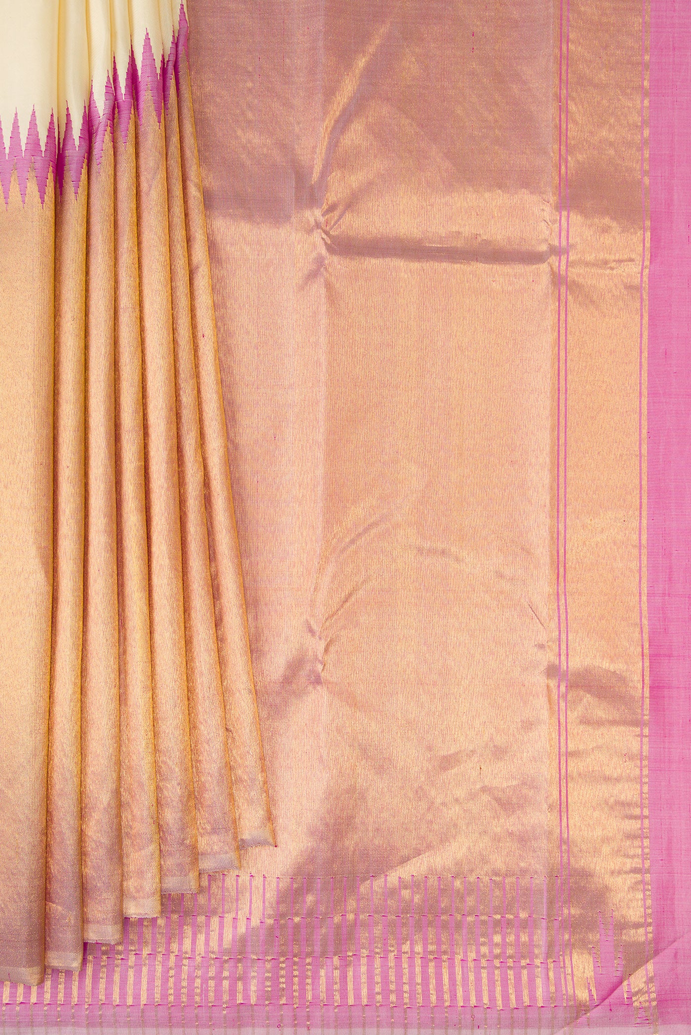 Pleats and pallu of Off White Kanjivaram Silk Saree with Zari Butta on the body and Rising Temple Border. 