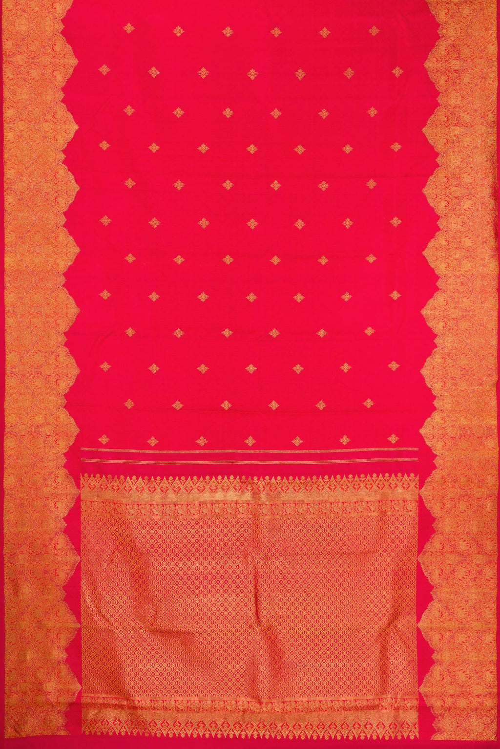 Flat view of Pure Silk Dark Pink Dual Tone Kanchipuram Saree with Jacquard With Zari Butta on the body and Fancy Border. 