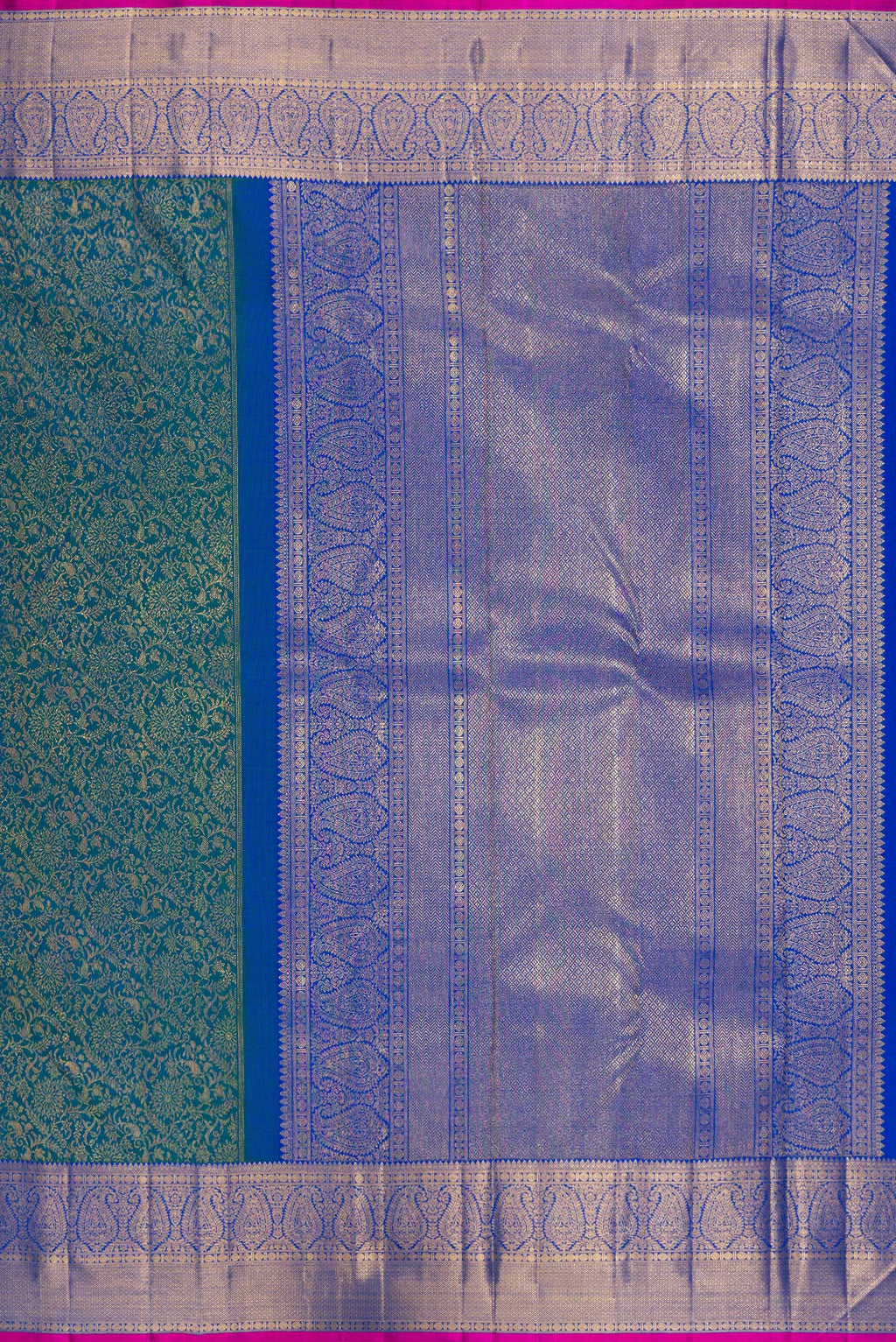 Close up image of the pallu of Pure Silk Peacock Blue Kanchipuram Saree with Zari Brocade on the body and Zari Border. 