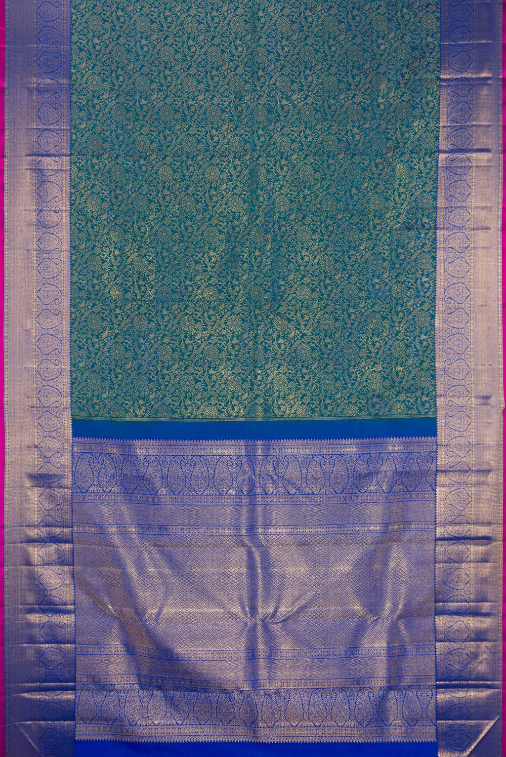 Flat view of Pure Silk Peacock Blue Kanchipuram Saree with Zari Brocade on the body and Zari Border. 
