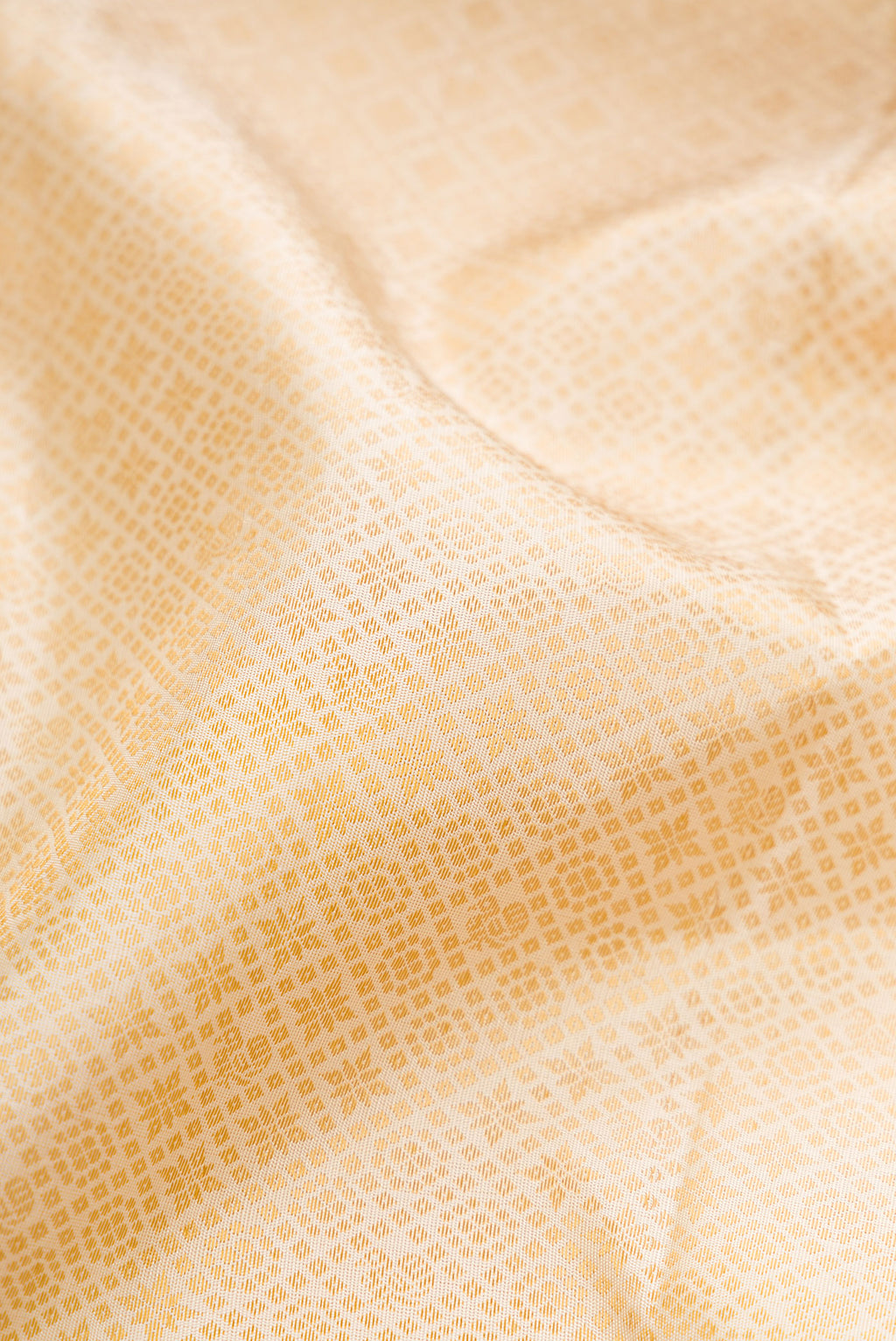Close up of Pure Silk Pure Zari Off White Kanchipuram Saree with Jacquard design on the body and Zari Border.  displaying folds