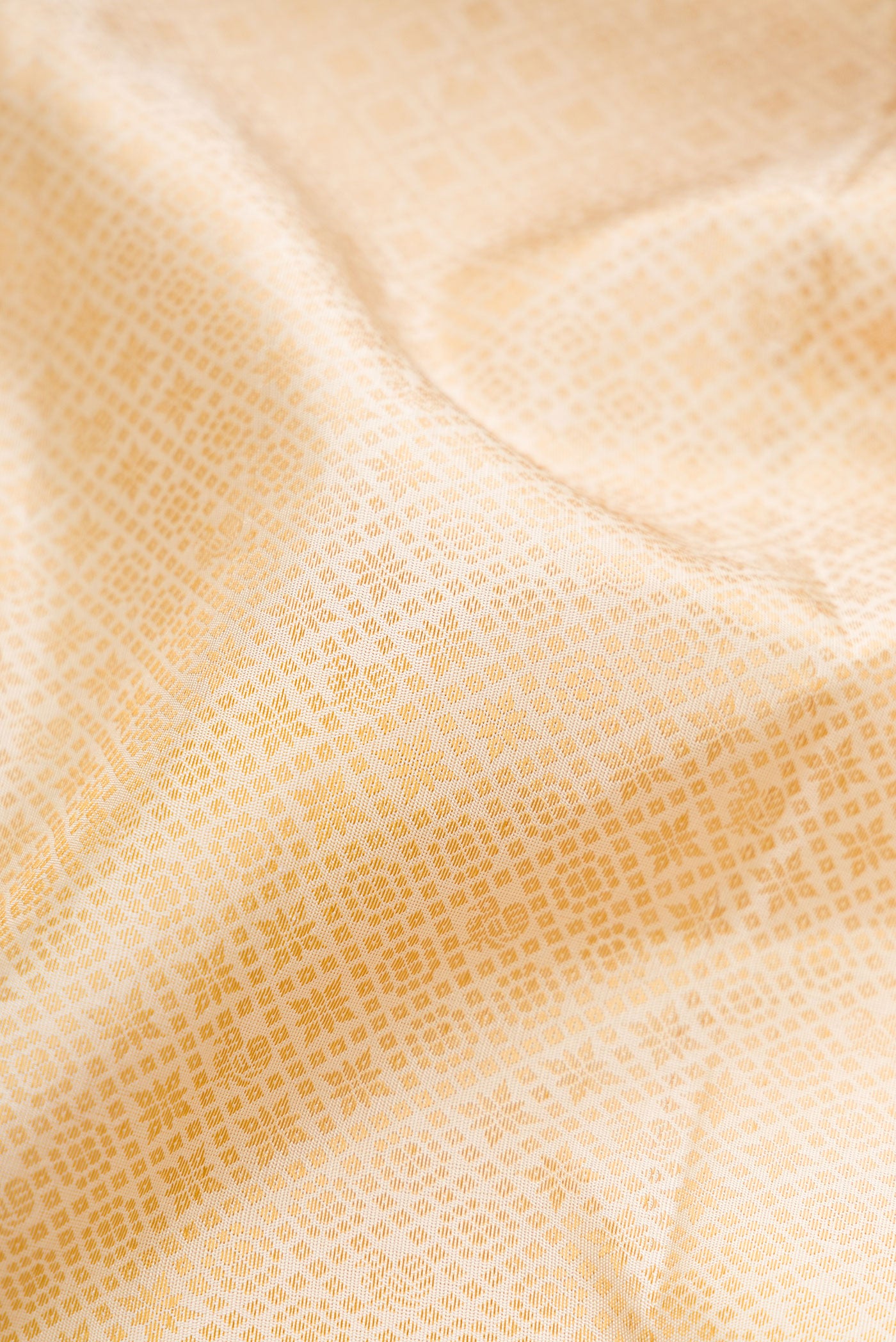 Close up of Pure Silk Pure Zari Off White Kanchipuram Saree with Jacquard design on the body and Zari Border.  displaying folds