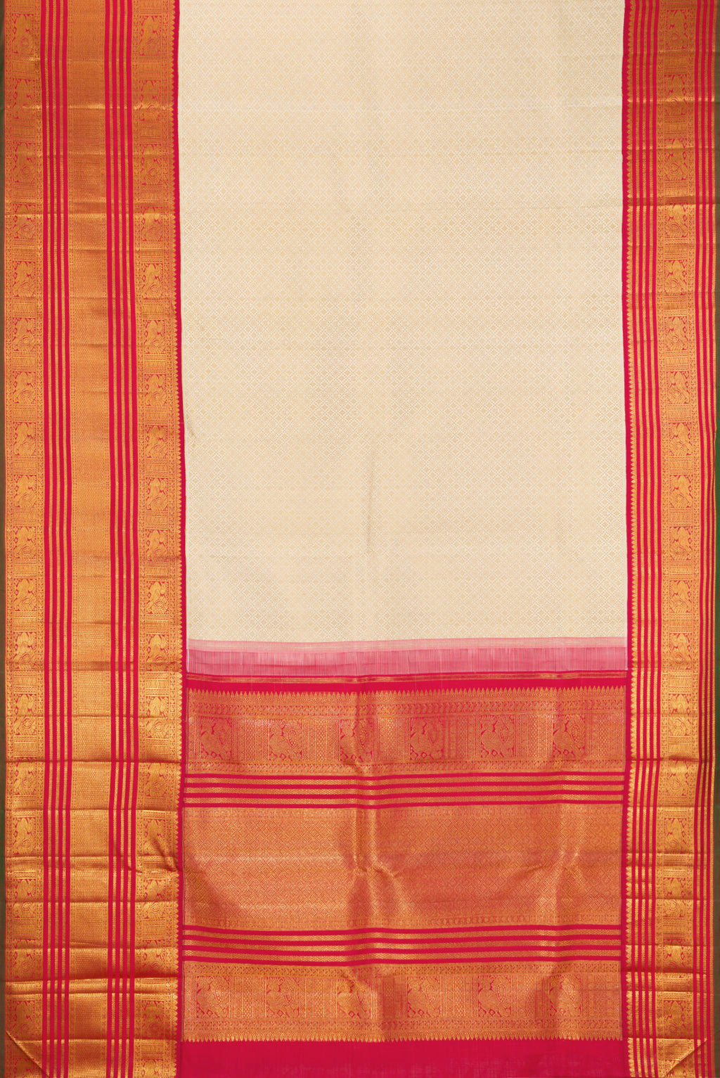 Flat view of Pure Silk Pure Zari Off White Kanchipuram Saree with Jacquard design on the body and Zari Border. 