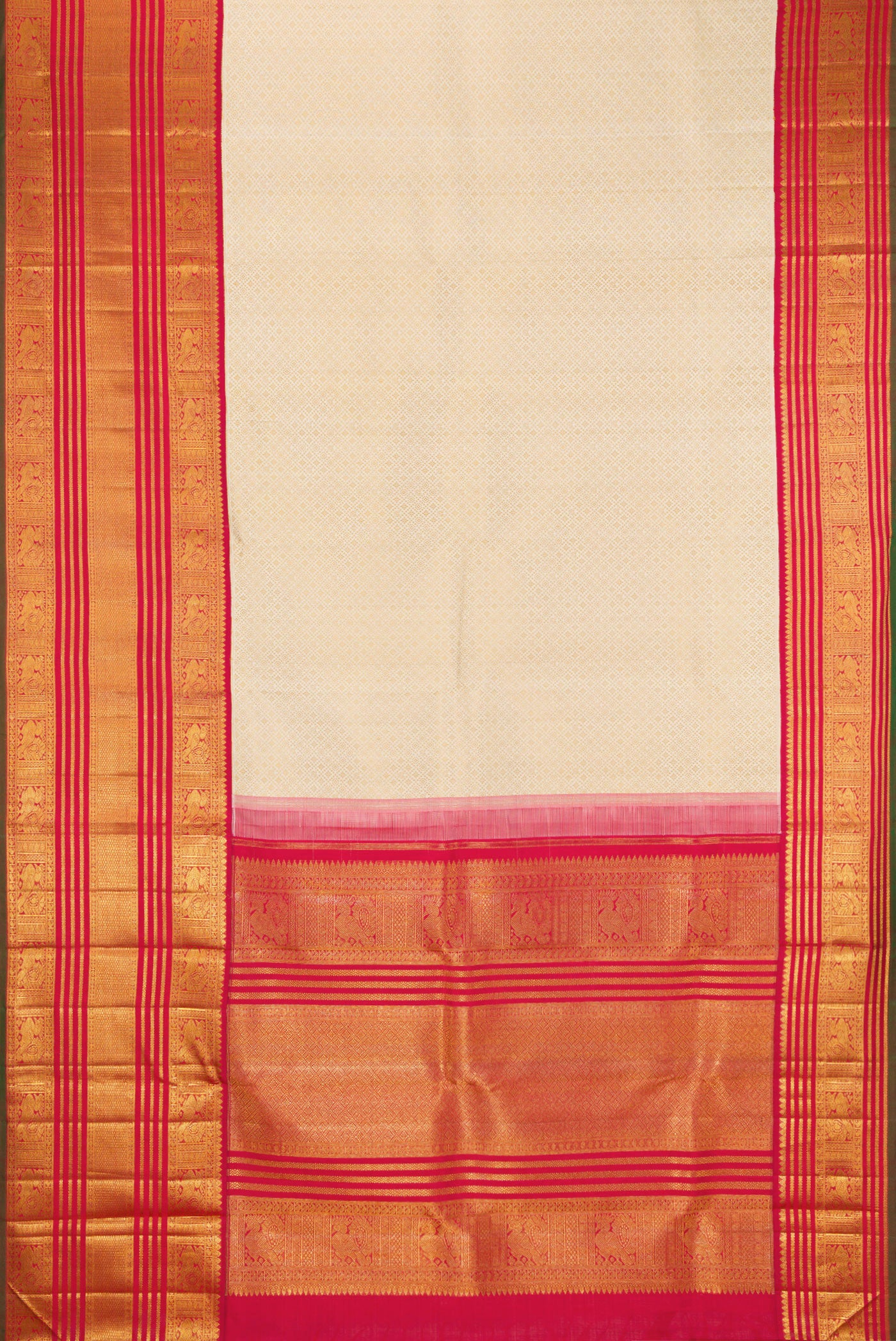 Flat view of Pure Silk Pure Zari Off White Kanchipuram Saree with Jacquard design on the body and Zari Border. 